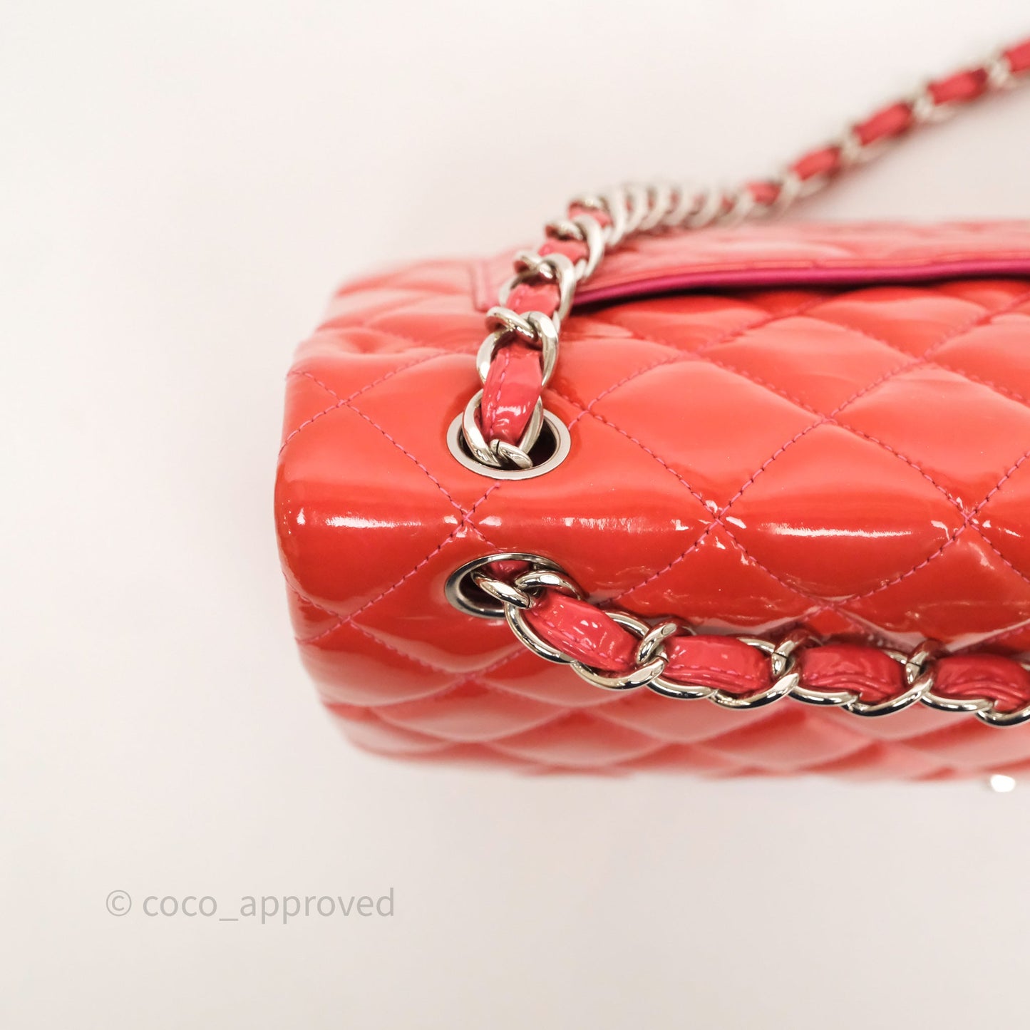Chanel Jumbo Double Flap Red Orange Patent Silver Hardware⁣⁣