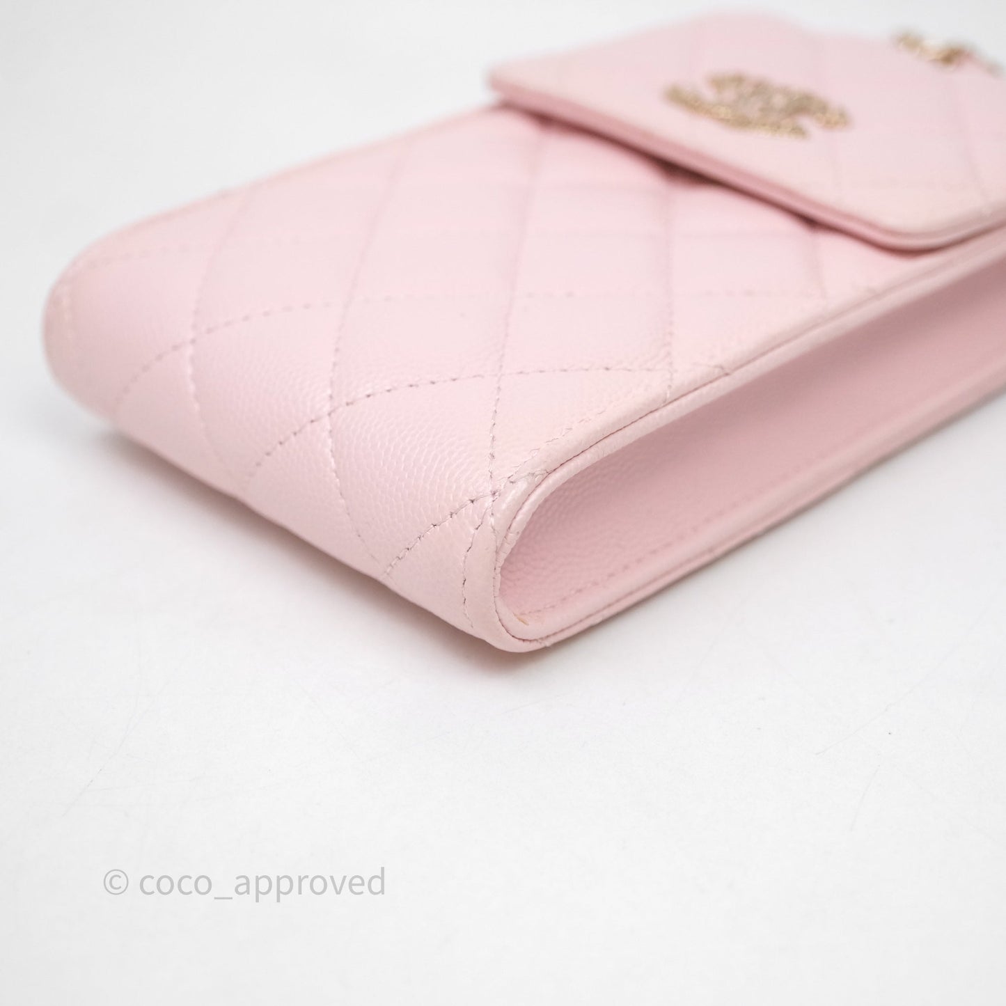 Chanel Quilted Crystal CC Pink Caviar Airpods Phone Case With Chain Light Gold Hardware