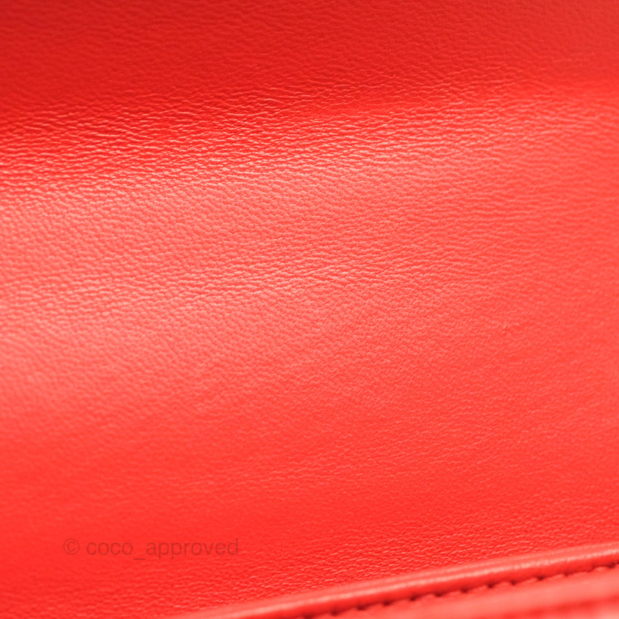 Chanel Top Handle Flap Bag Red Lambskin Aged Gold Hardware