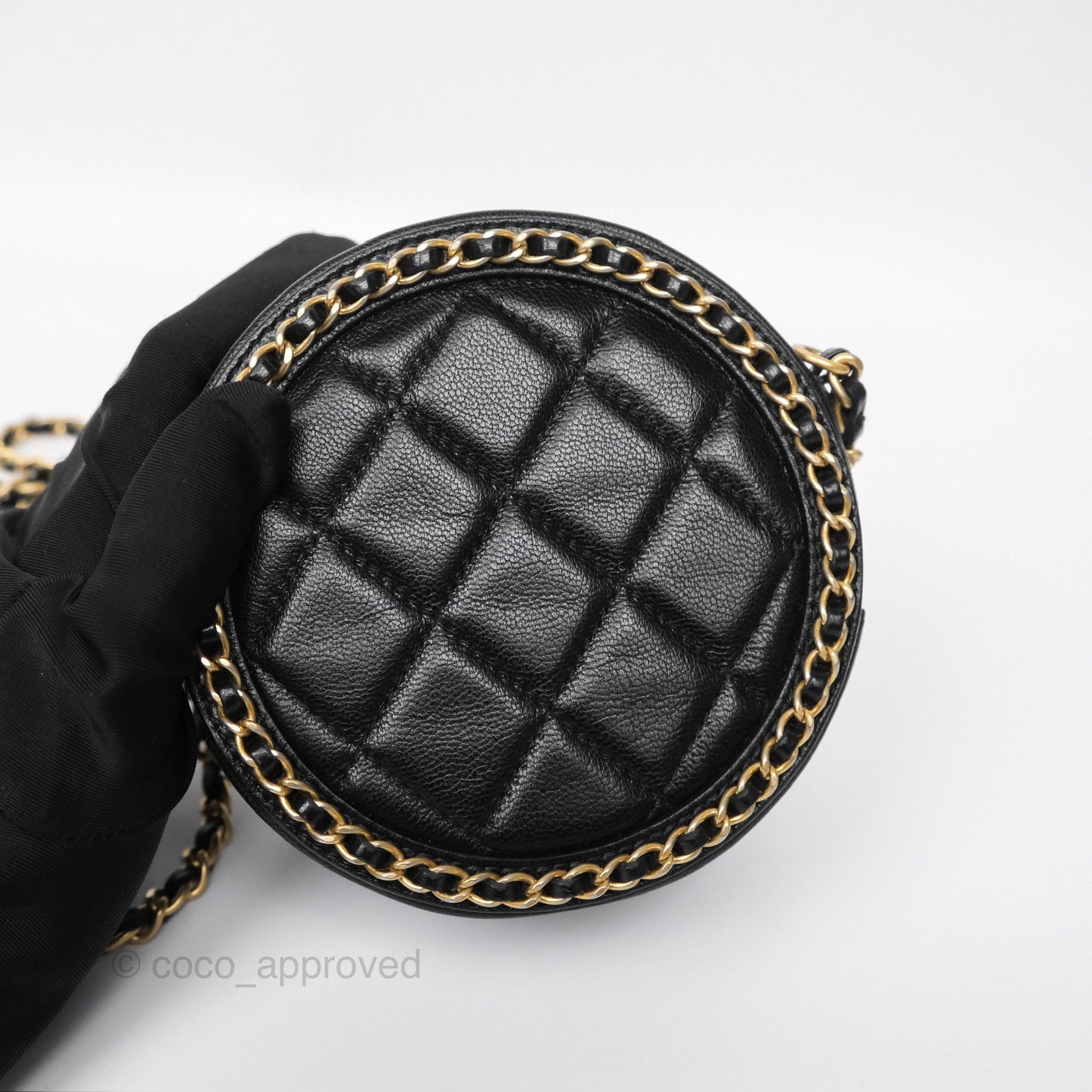 Chanel Chained Round Filigree Clutch With Chain Black Lambskin Gold Hardware