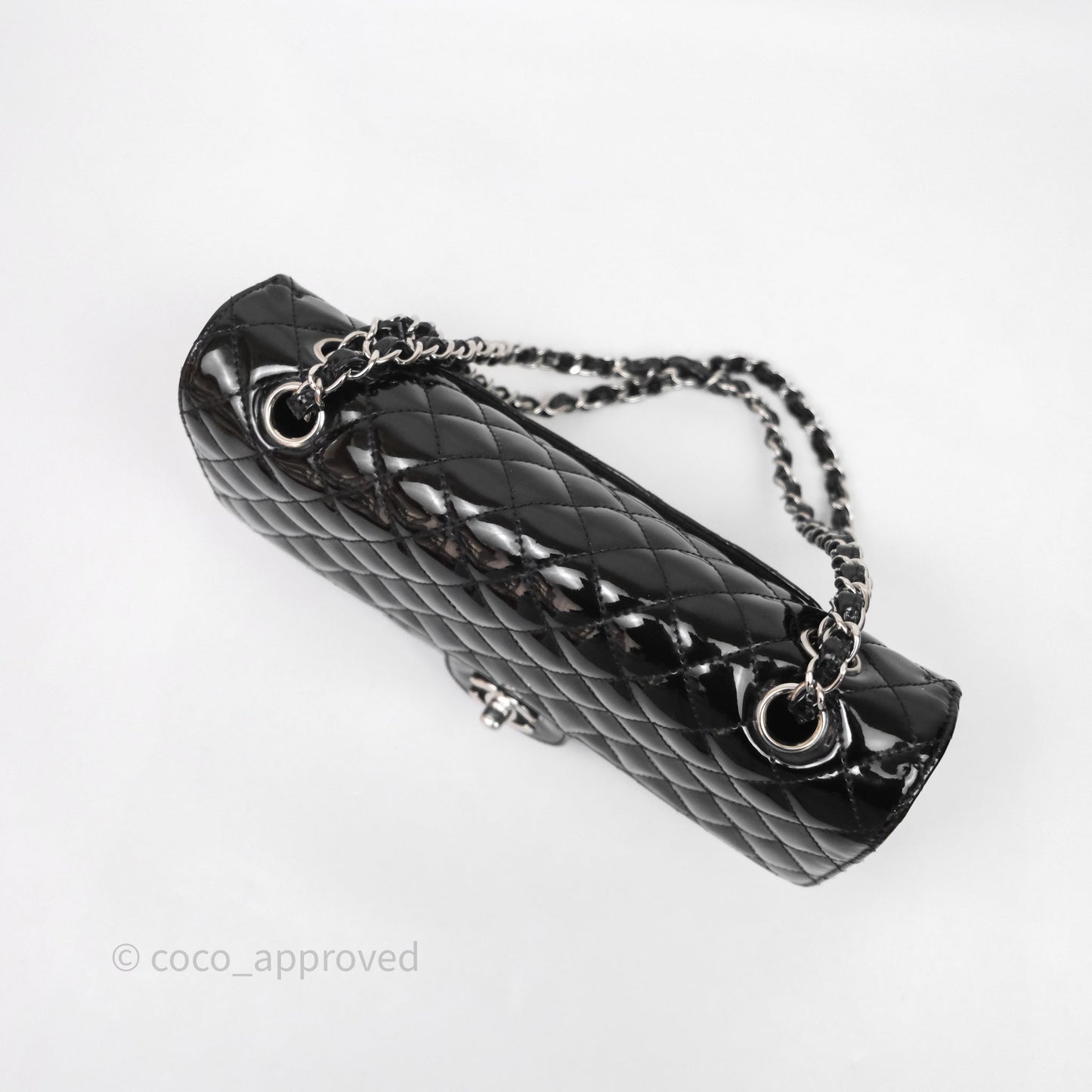 Chanel Quilted Medium Flap Black Patent Silver Hardware