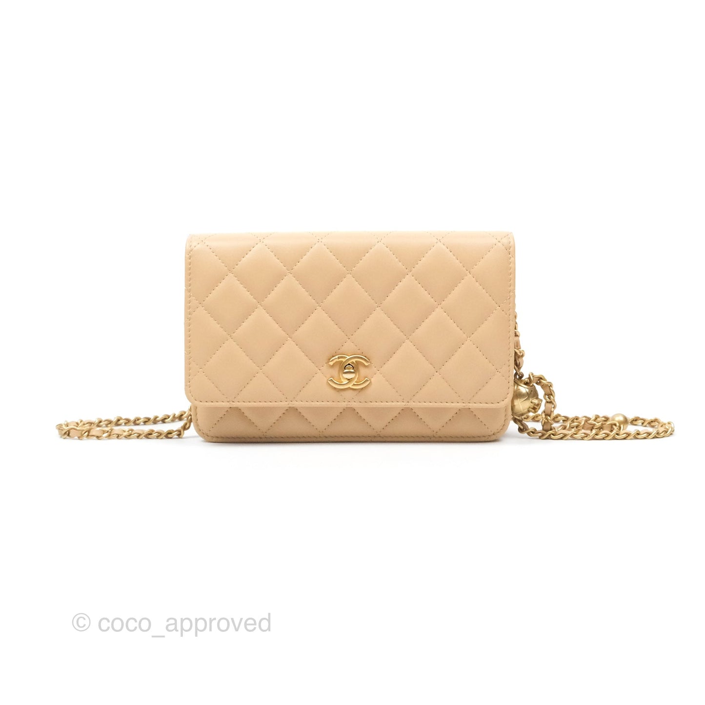 Chanel Quilted Pearl Crush Wallet on Chain WOC Beige Lambskin Aged Gold Hardware