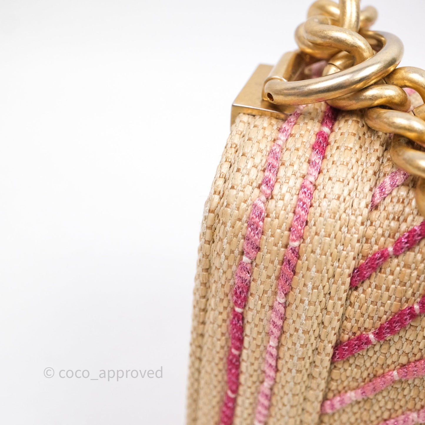Chanel Small Boy Chevron Raffia Metallic Pink Aged Gold Hardware