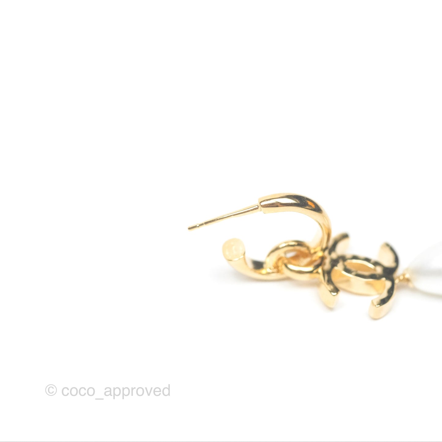 Chanel CC Pearl Drop Hoop Earrings Gold Tone 24S