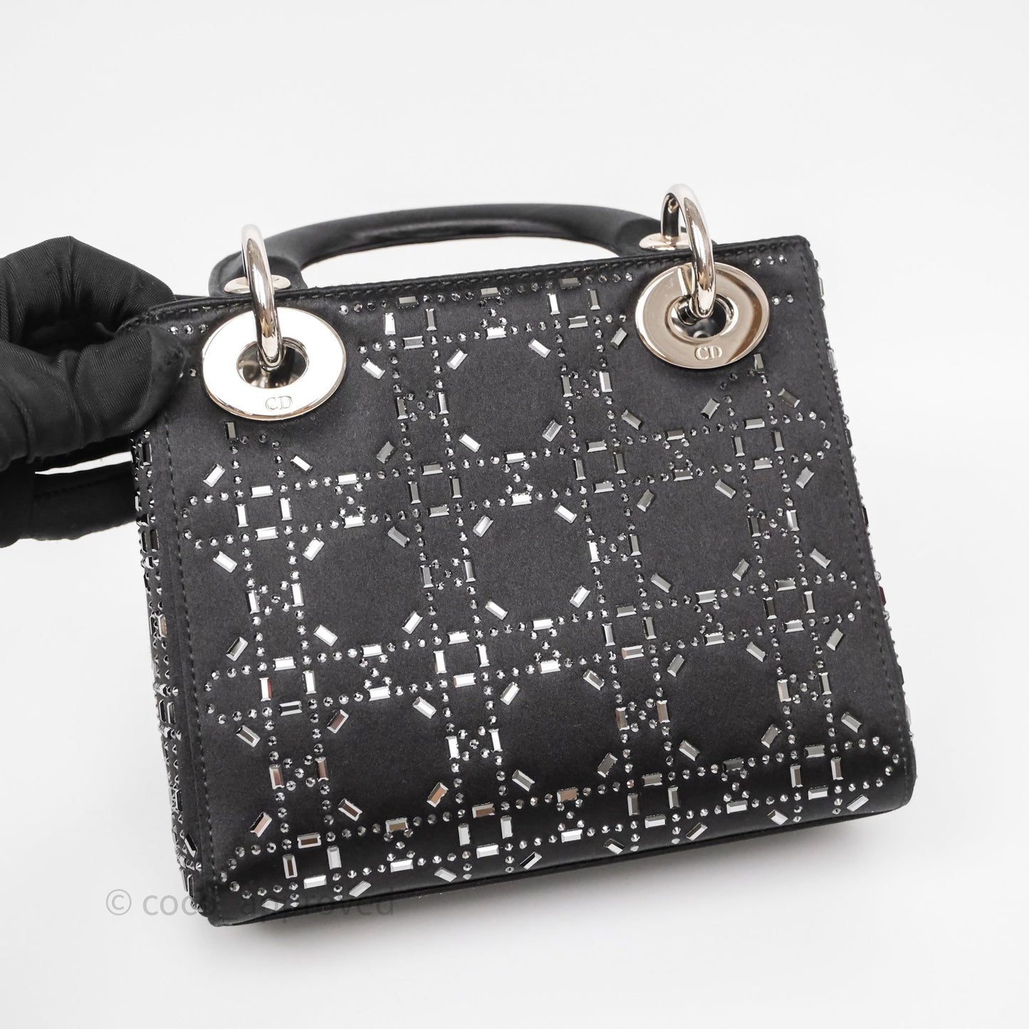 Christian Dior Mini Lady Dior Bag Black Strass Cannage Satin Silver Hardware