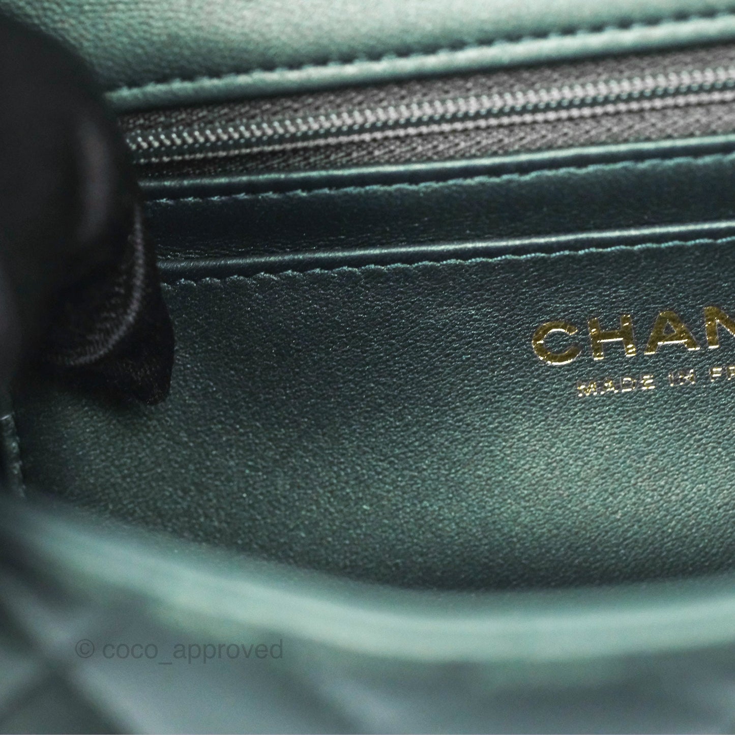 Chanel Top Handle Mini Rectangular Flap Bag Iridescent Dark Green Lambskin Gold Hardware
