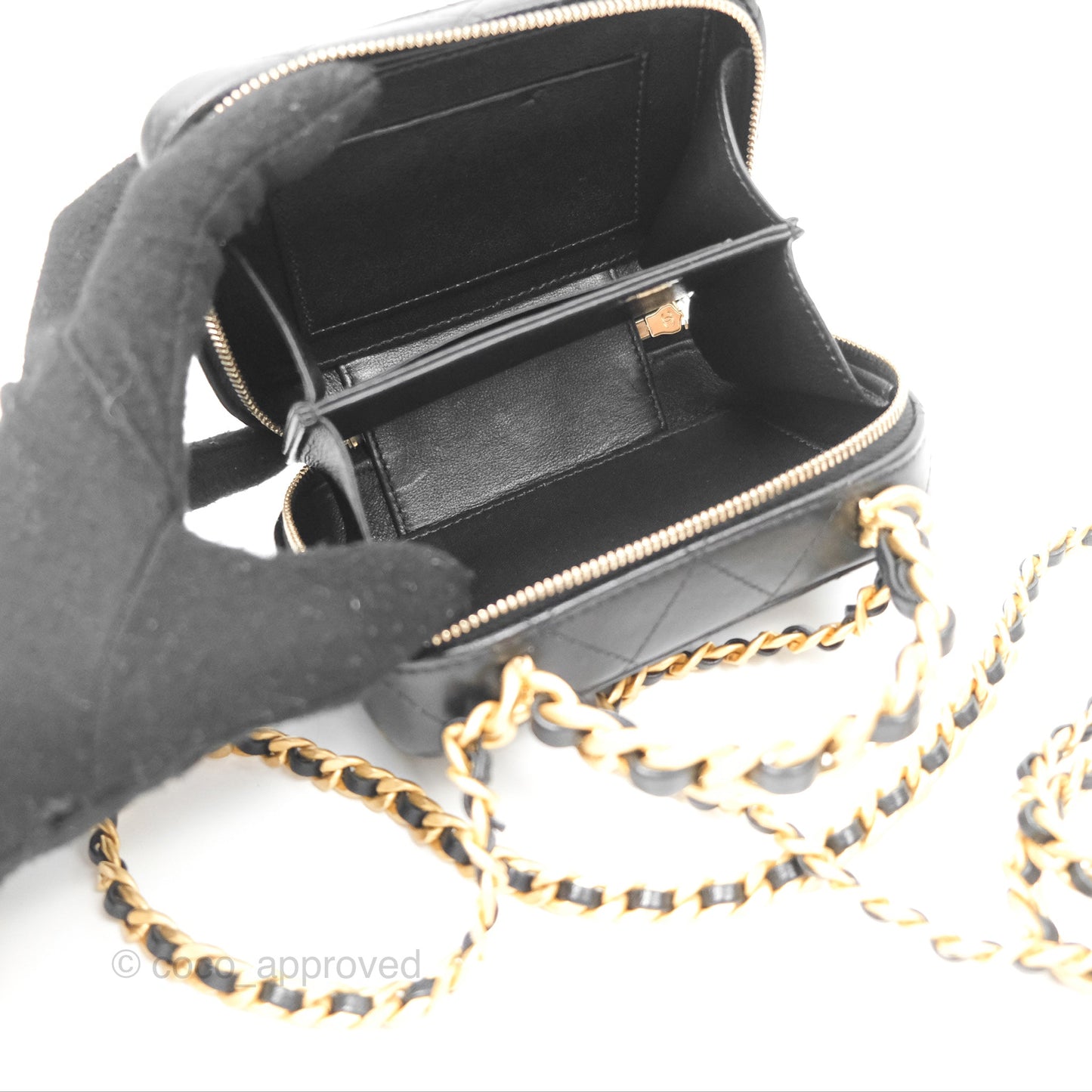 Chanel Top Handle Vanity Case Black Lambskin Aged Gold Hardware 22A