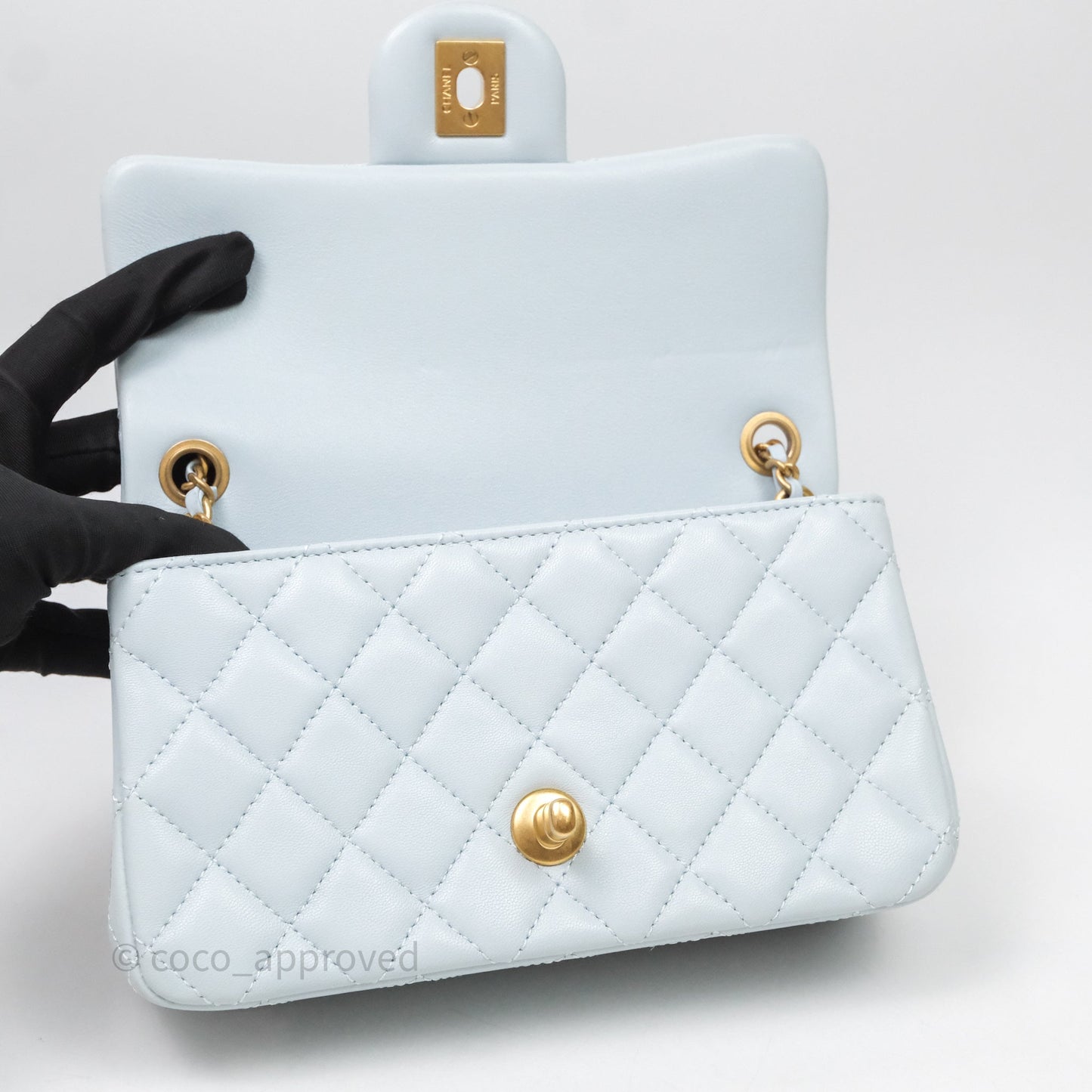 Chanel Pearl Crush Mini Rectangular Light Blue Lambskin Aged Gold Hardware