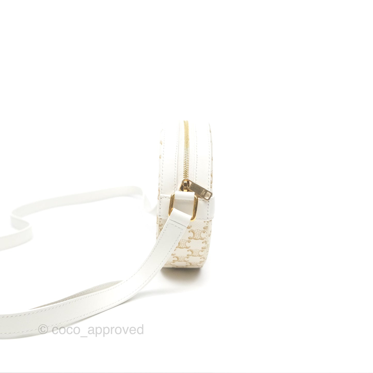 Celine Round Purse on Strap Triomphe Canvas White Calfskin