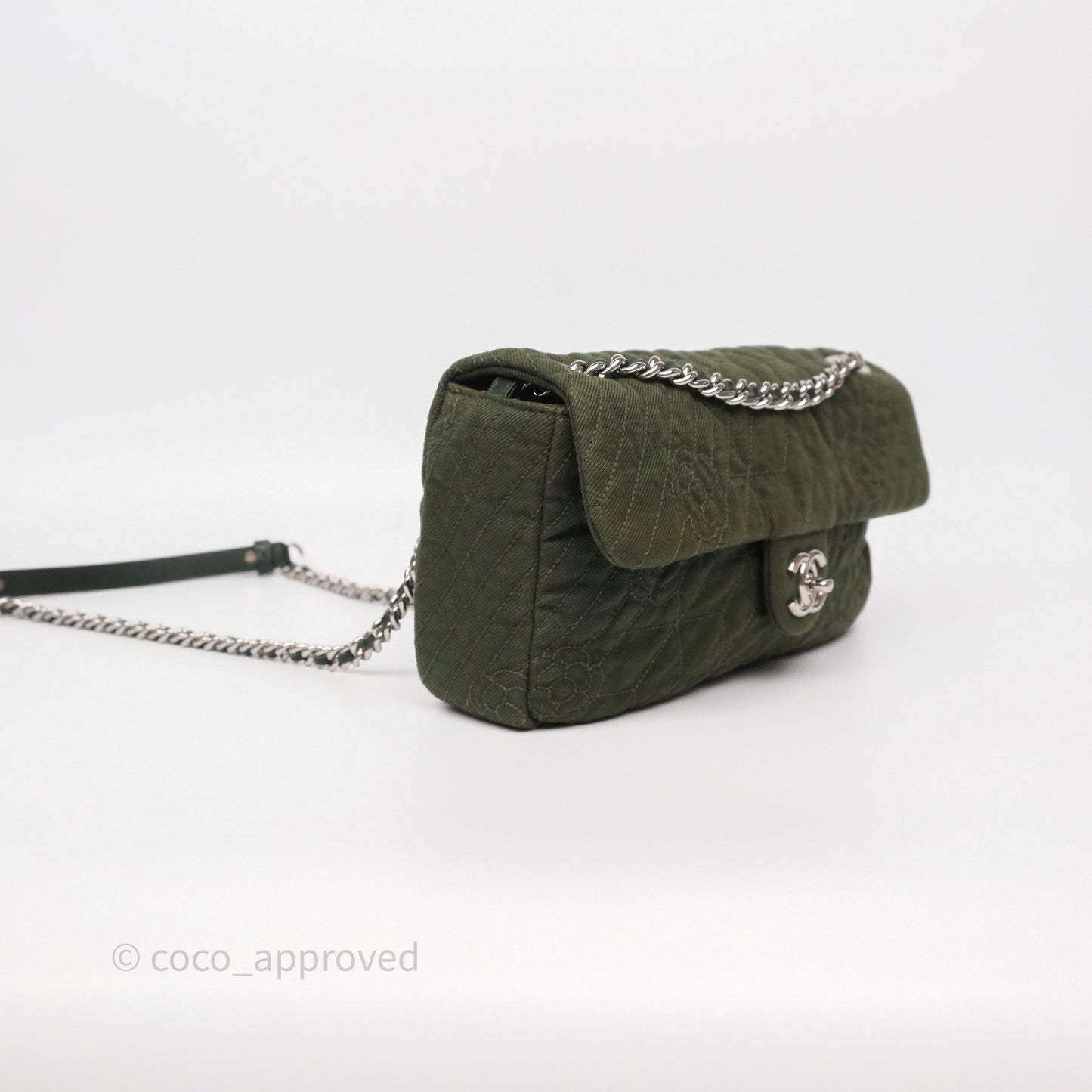 Chanel Camellia Flap Bag Army Green Denim Silver Hardware