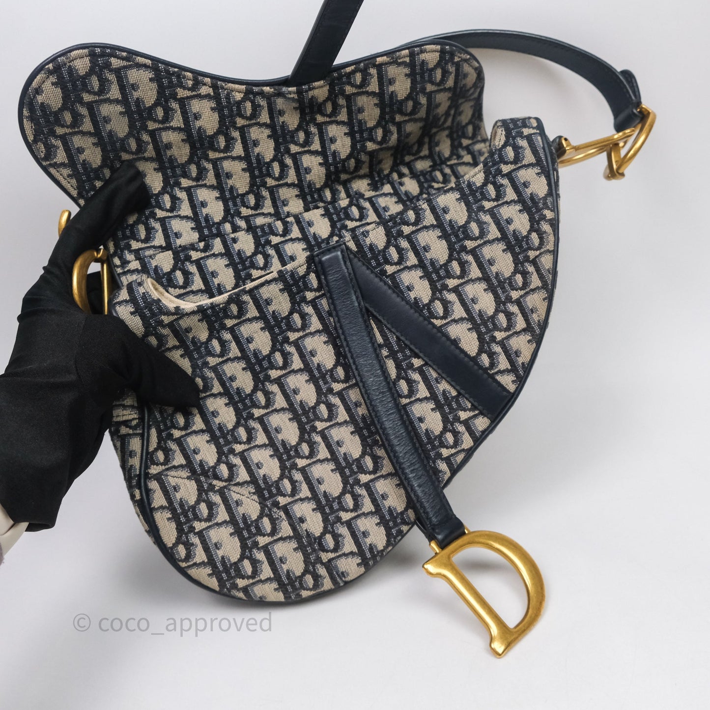 Christian Dior Saddle Bag Navy Dior Oblique Embroidery Gold Hardware