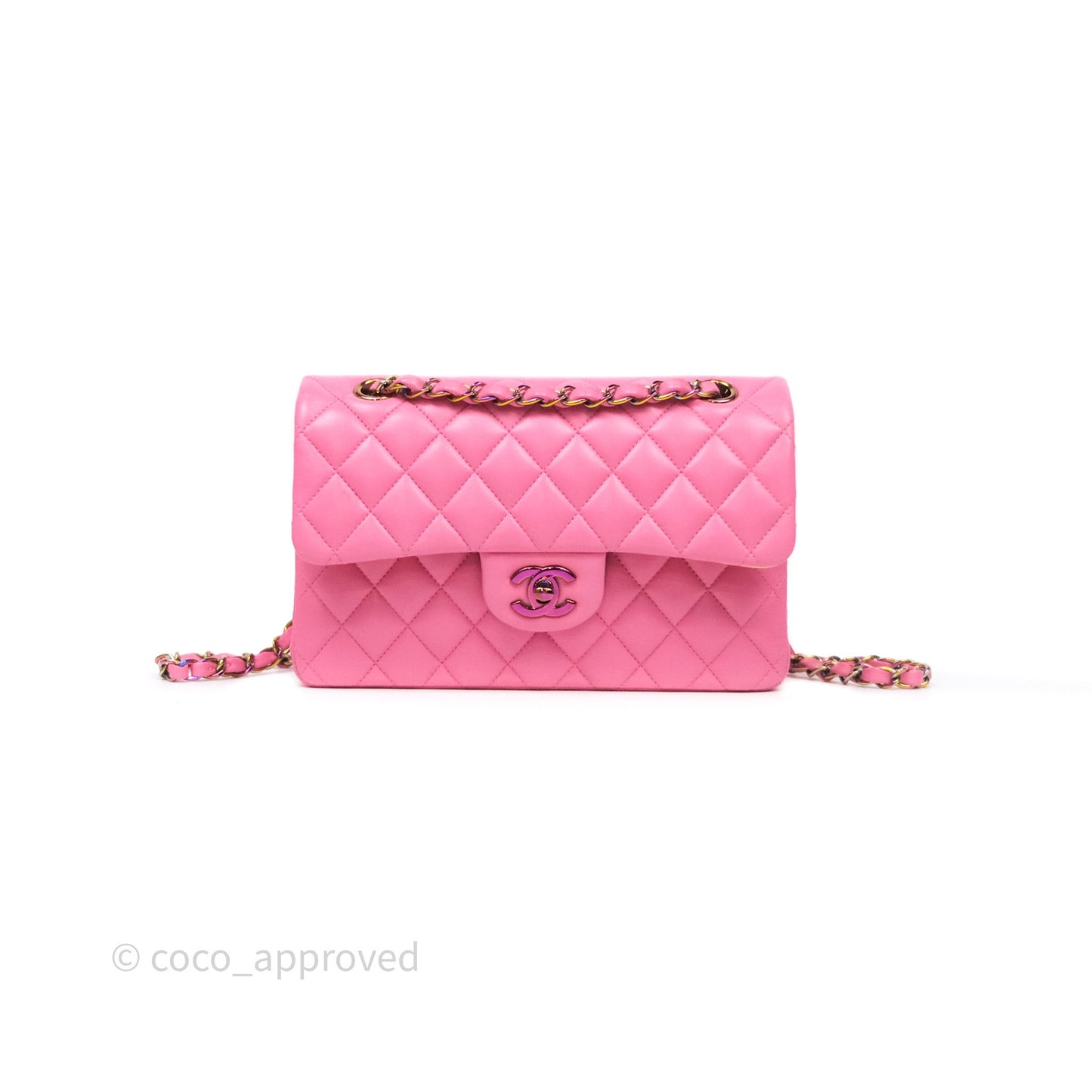 Chanel Small Classic Flap Quilted Pink Lambskin Rainbow Hardware