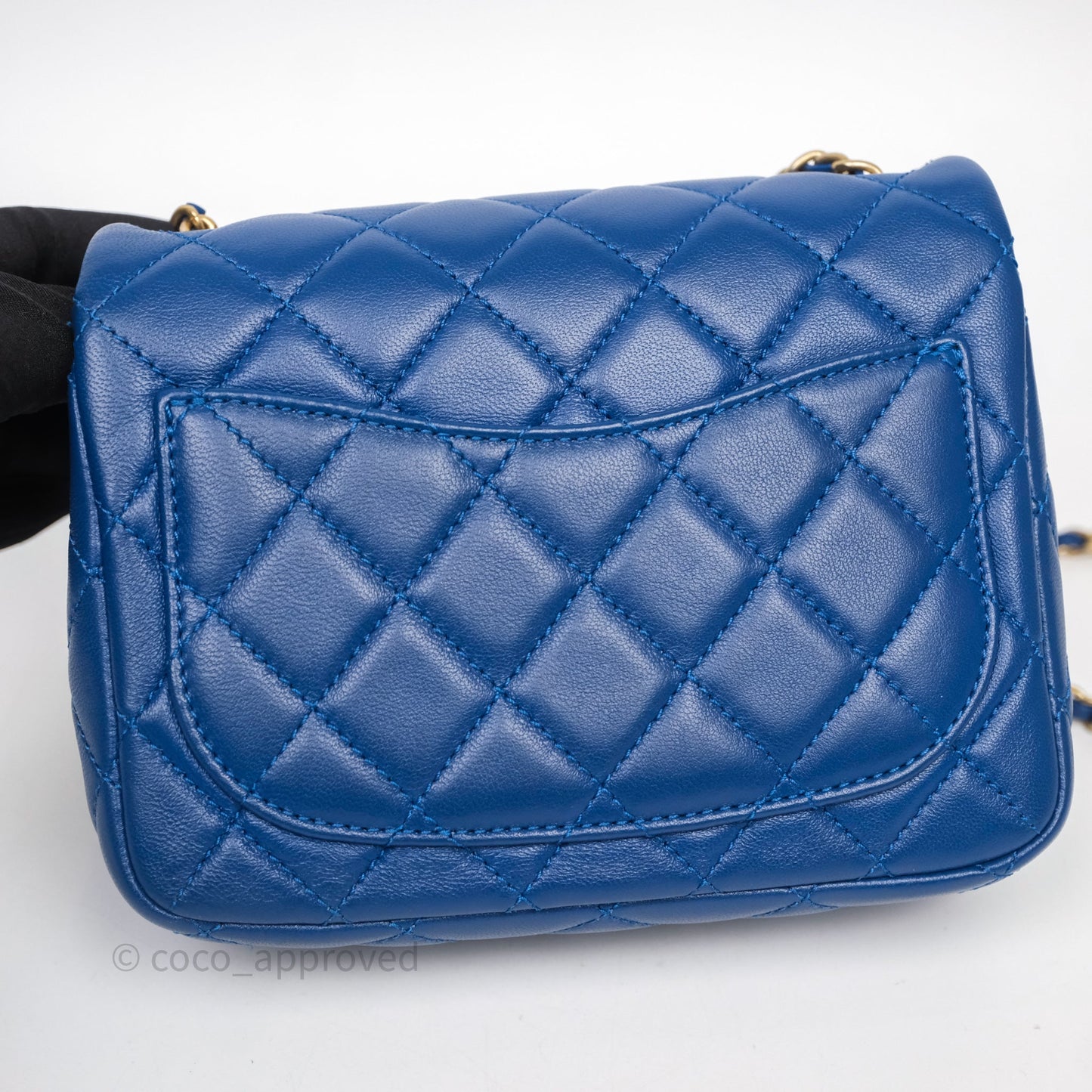 Chanel Pearl Crush Mini Square Quilted Blue Lambskin Aged Gold Hardware