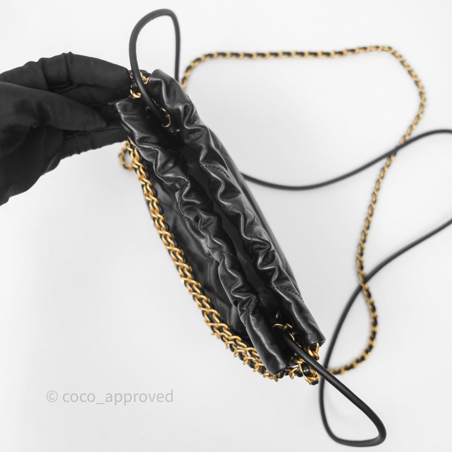 Chanel 22 Mini Bag Black Shiny Crumpled Calfskin Aged Gold Hardware