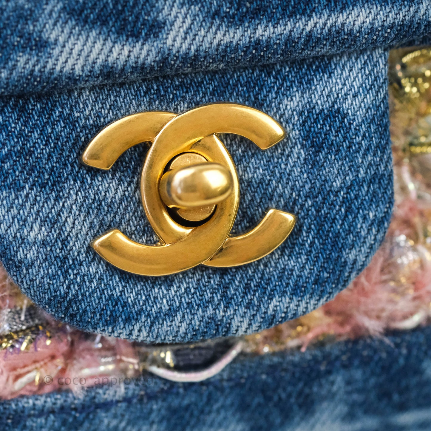 Chanel Quilted M/L Medium Double Flap Tweed Washed Denim Aged Gold Hardware