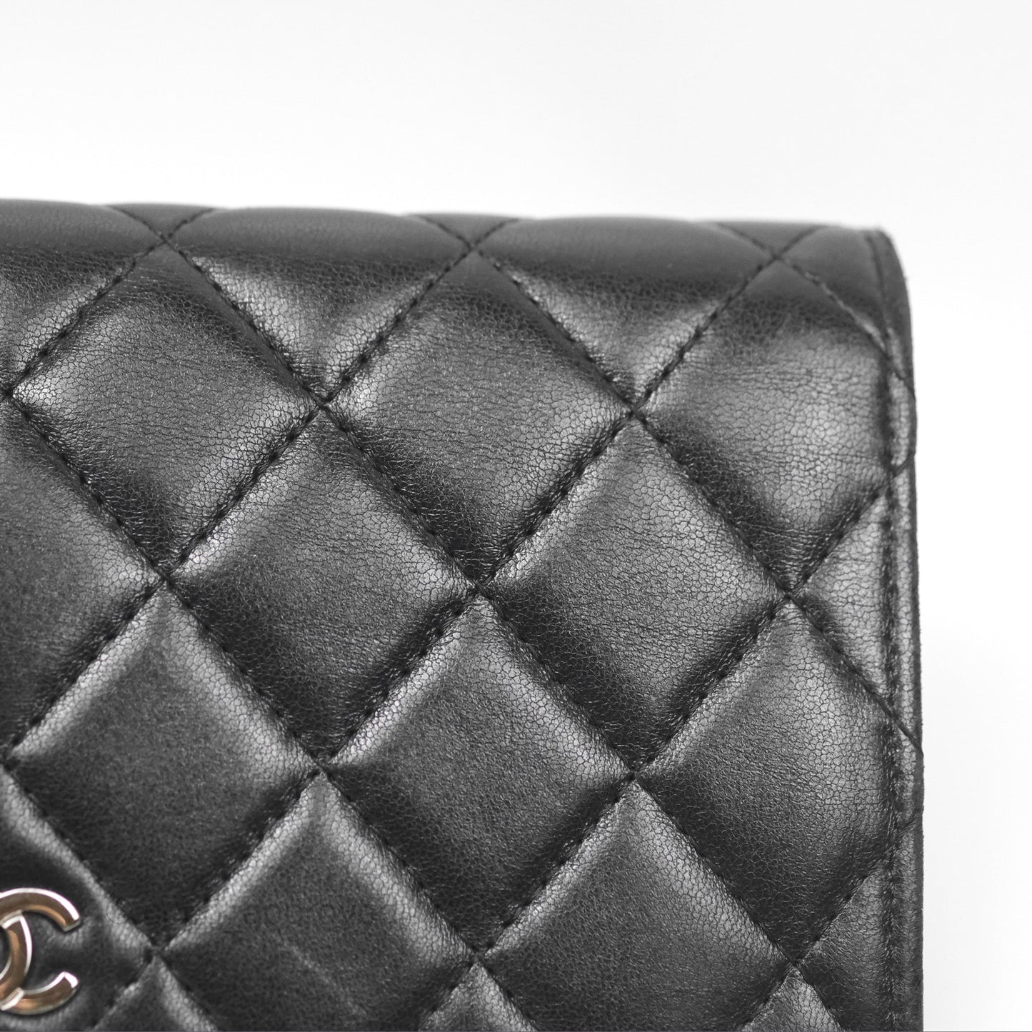Chanel Classic Quilted Long Wallet Black Lambskin Silver Hardware