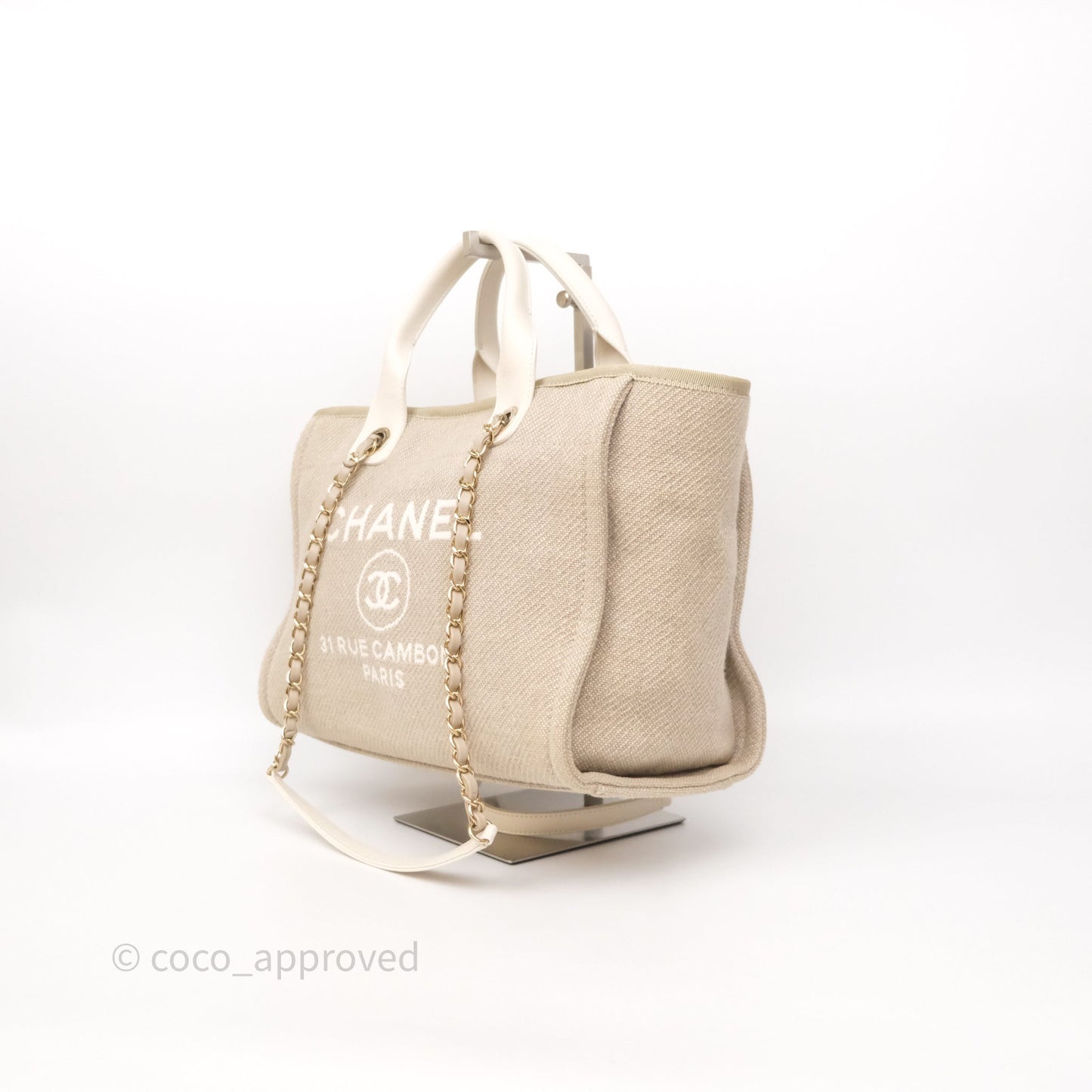 Chanel New Small Deauville Tote Beige Canvas Gold Hardware