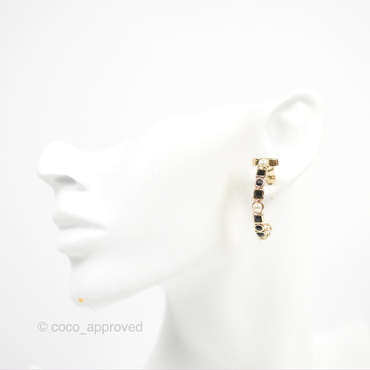 Chanel CC Pearl Black Rhinestone Hoop Earrings Gold Tone 23V