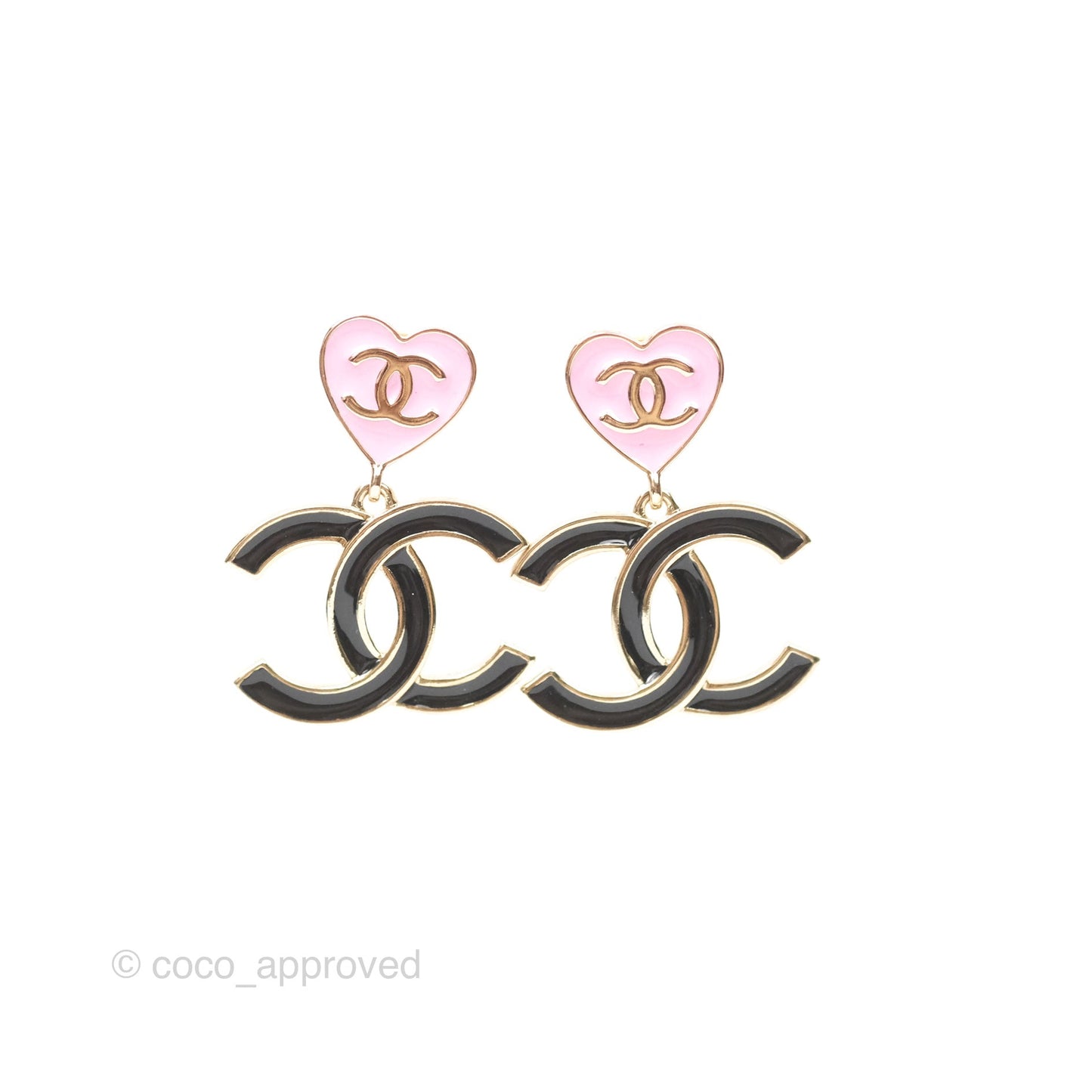 Chanel Heart Pink Black CC Drop Earrings Gold Tone 24A