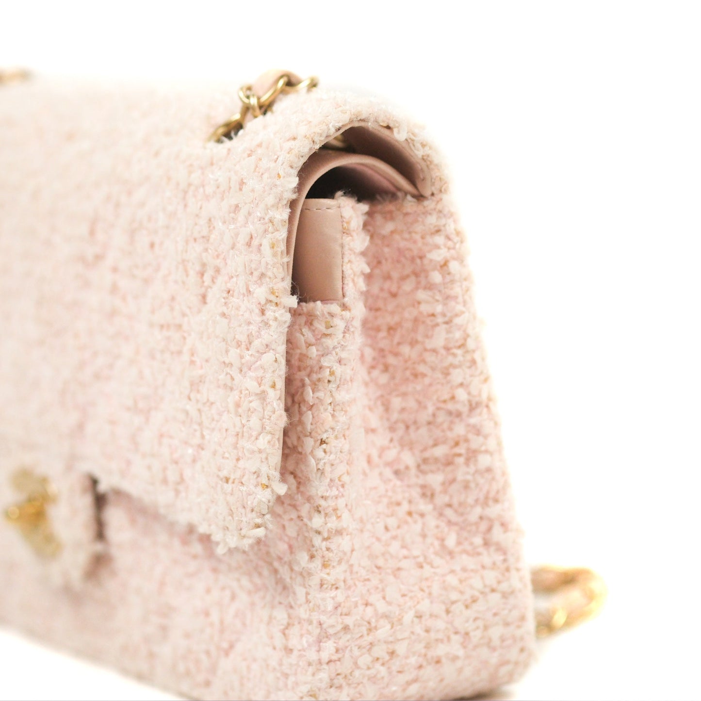 Chanel Classic M/L Medium Quilted Double Flap Pink Tweed Matte Gold Hardware