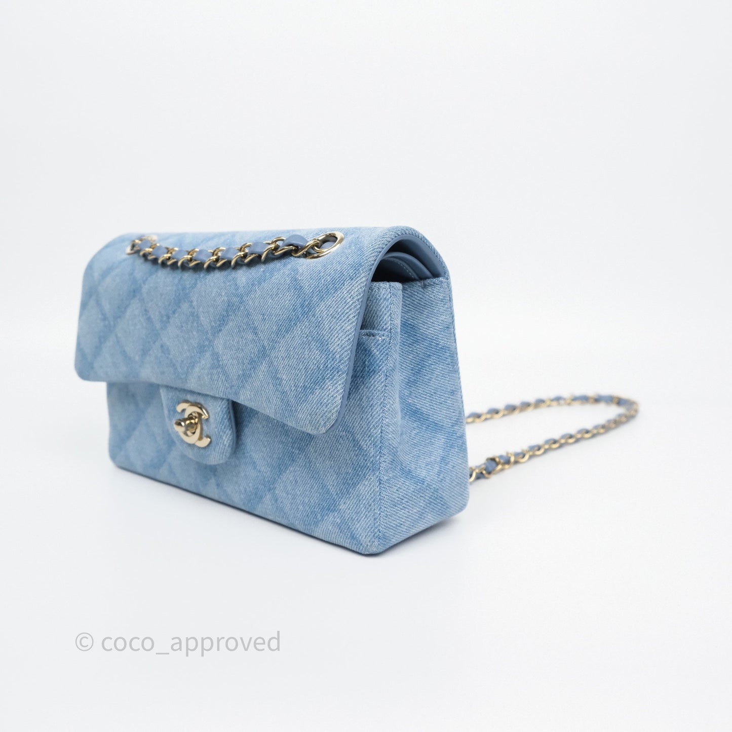 Chanel Small Double Flap Blue Printed Quilted Denim Gold Hardware