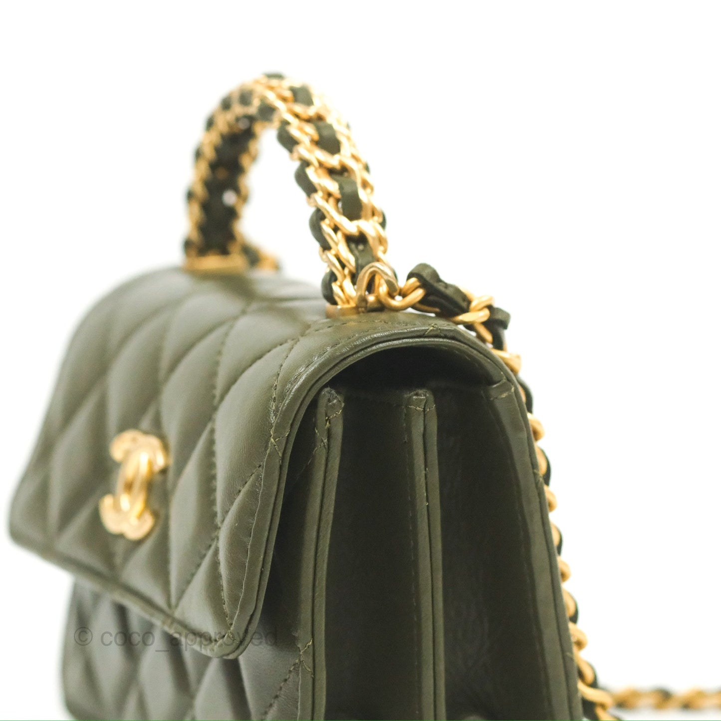 Chanel Top Handle Clutch With Chain Army Green Lambskin Aged Gold Hardware