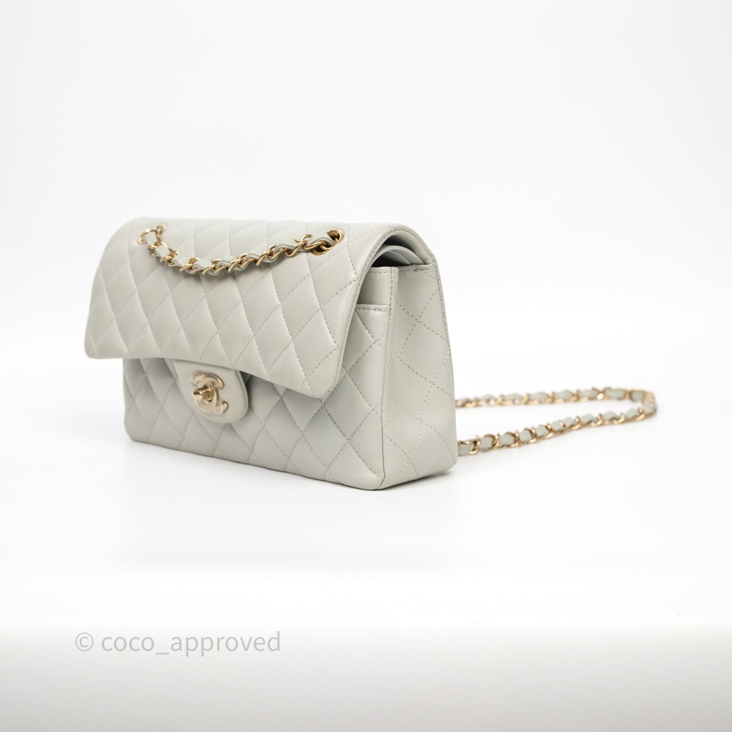Chanel Small Classic Flap Quilted Grey Lambskin Gold Hardware