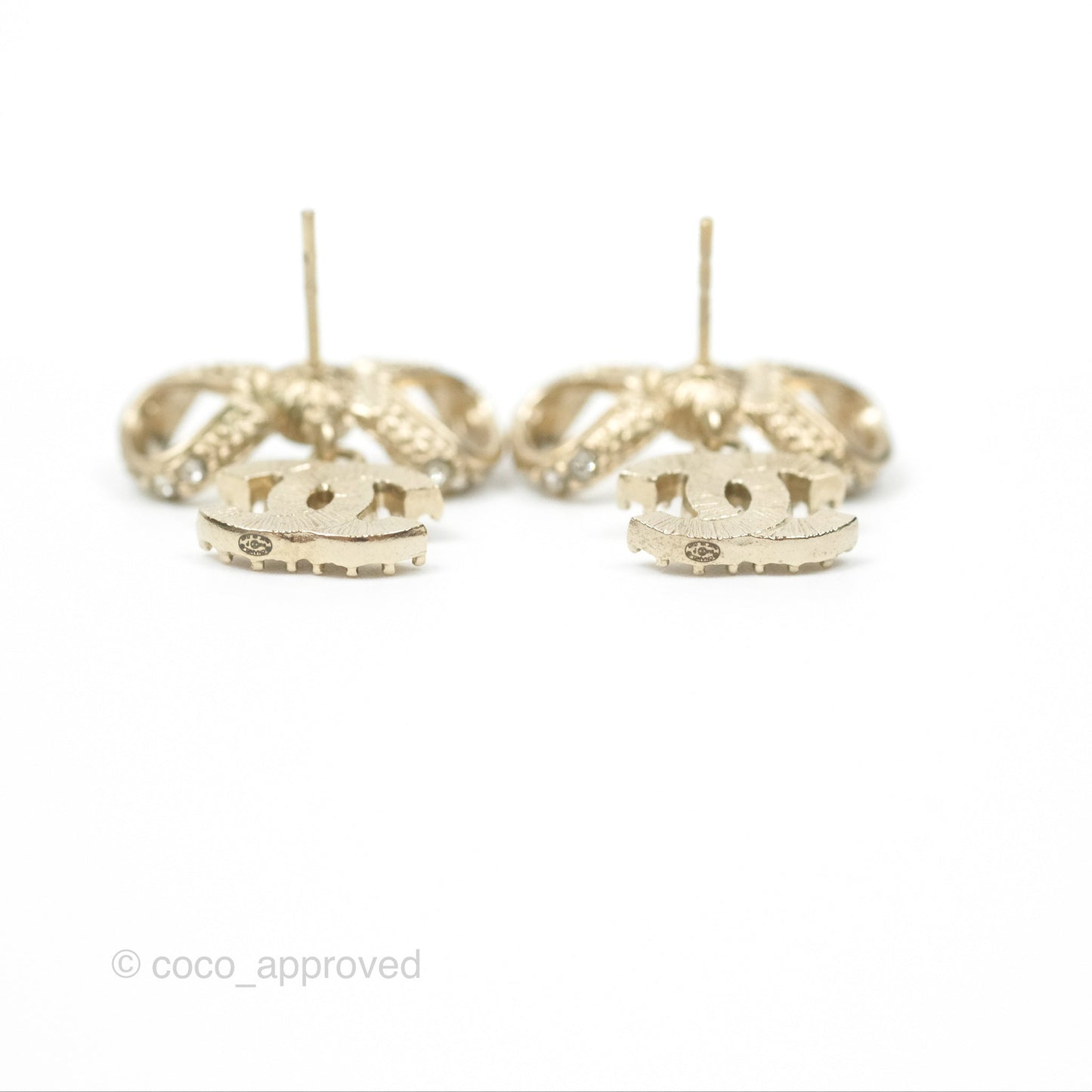 Chanel Crystal CC Bow Knot Earrings Gold Tone