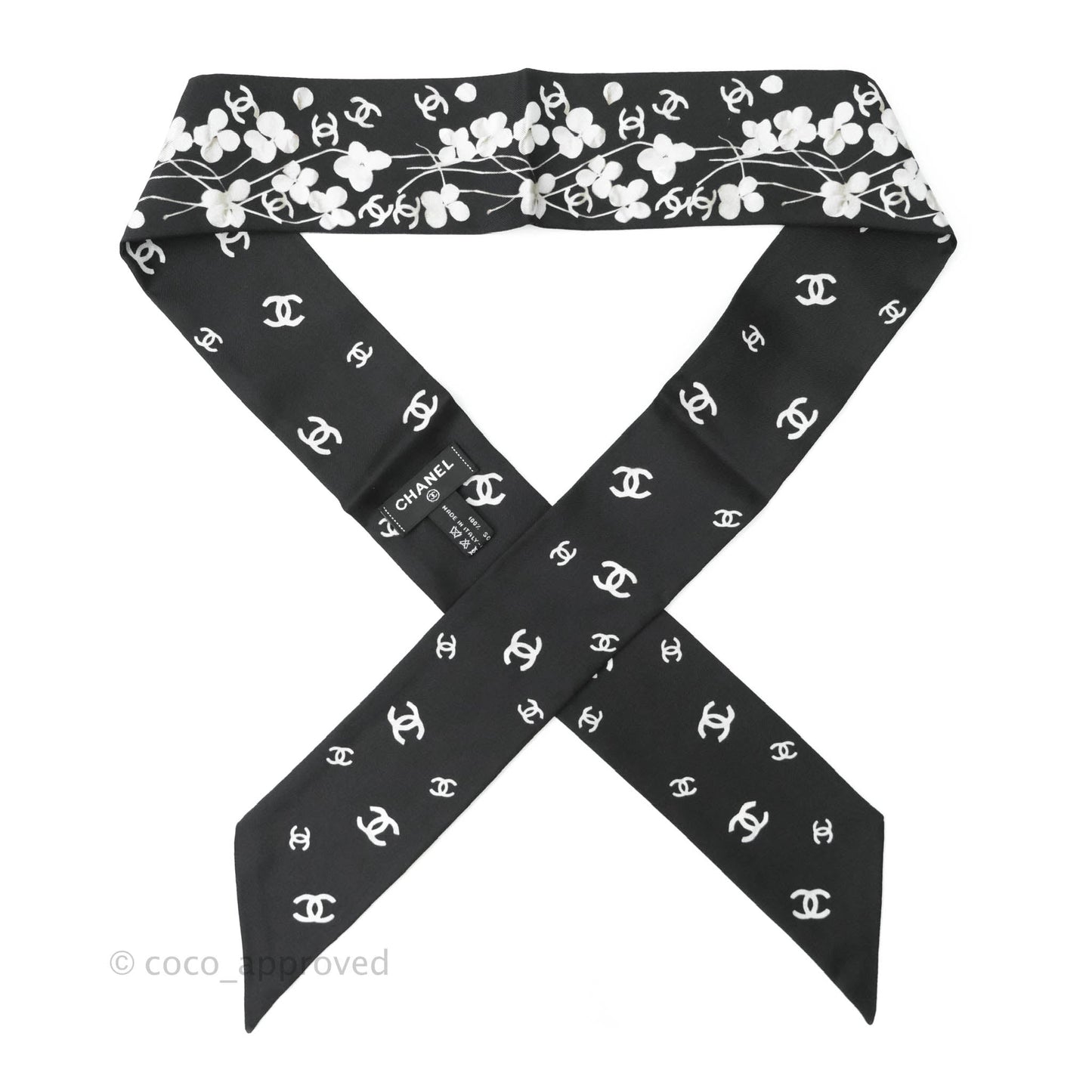Chanel CC Flora Print Silk Twilly in Black White