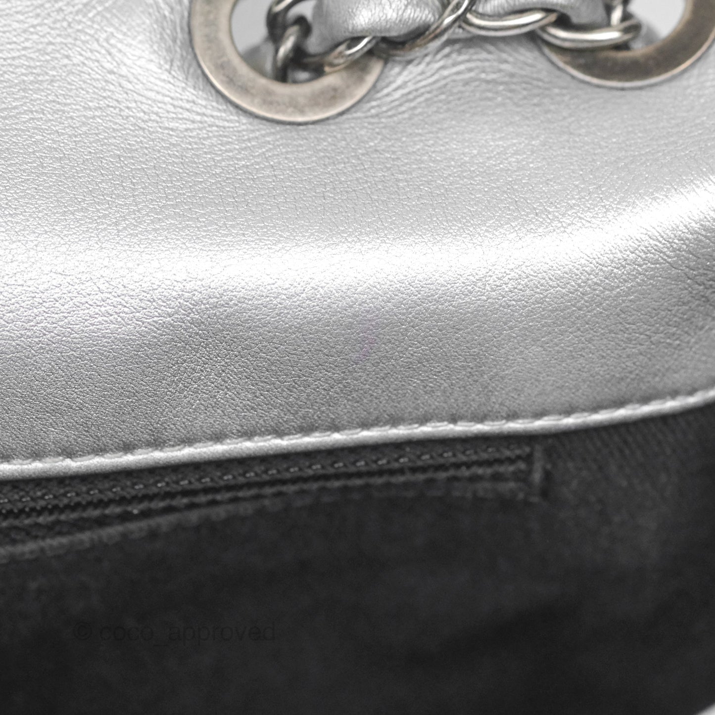 Chanel Medium Single Flap Embossed Metallic Silver Lambskin Ruthenium Hardware