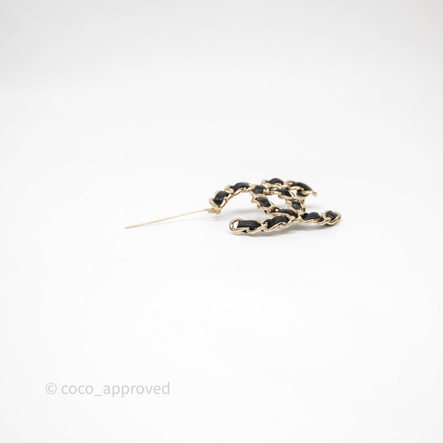 Chanel CC Braided Black Leather Brooch Gold Tone 22V