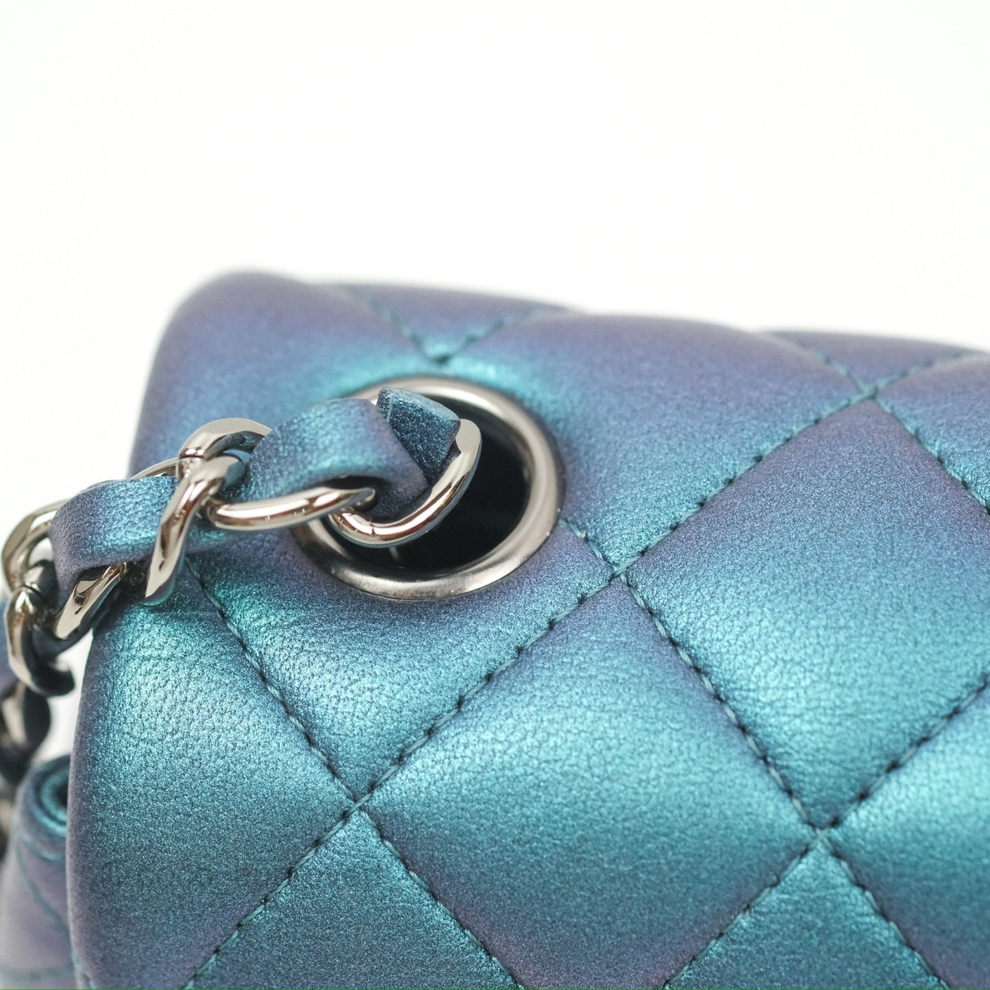 Chanel Mini Square Flap Quilted Iridescent Teal Lambskin Gun Metal