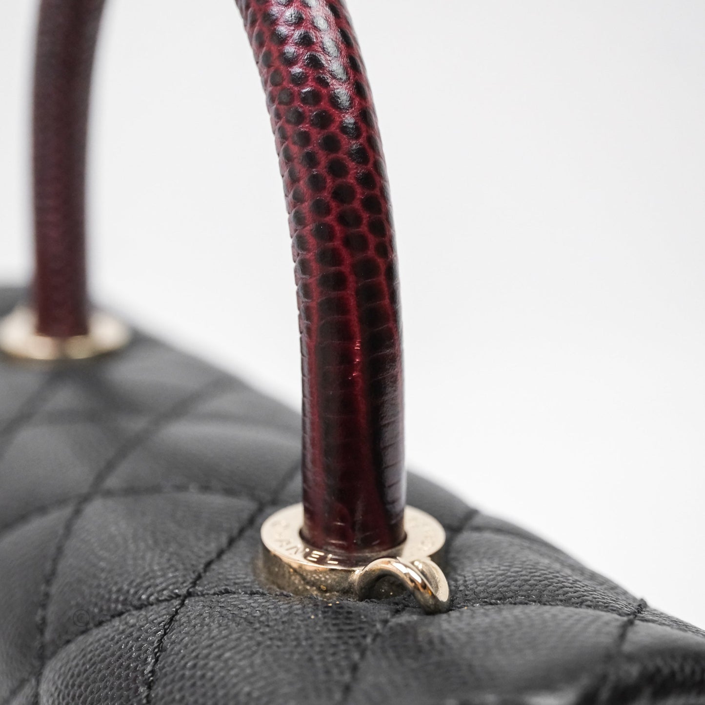 Chanel Small Coco Handle Quilted Black Caviar Aged Gold Hardware Lizard Handle