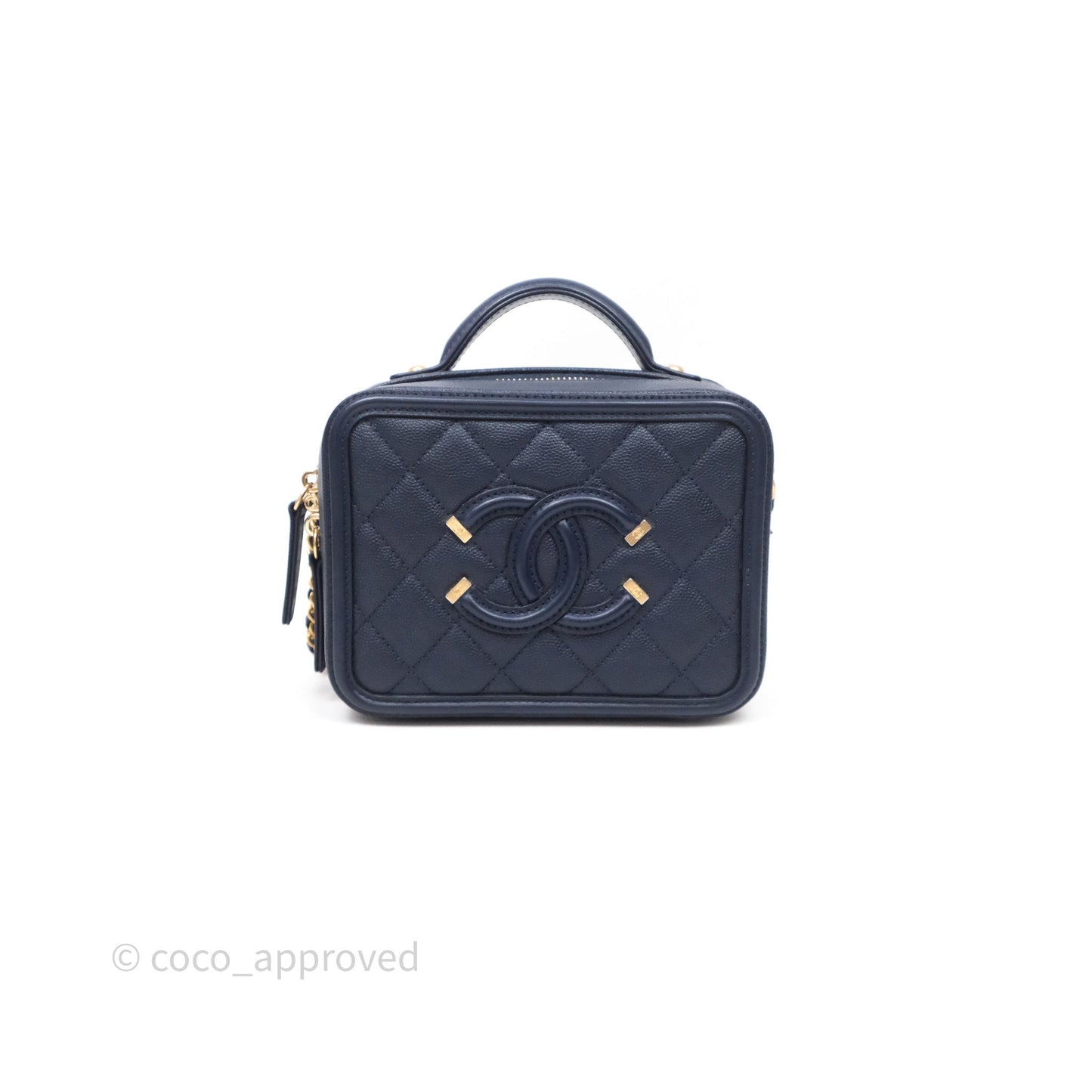 Chanel Quilted Small CC Filigree Vanity Case Navy Caviar Gold Hardware