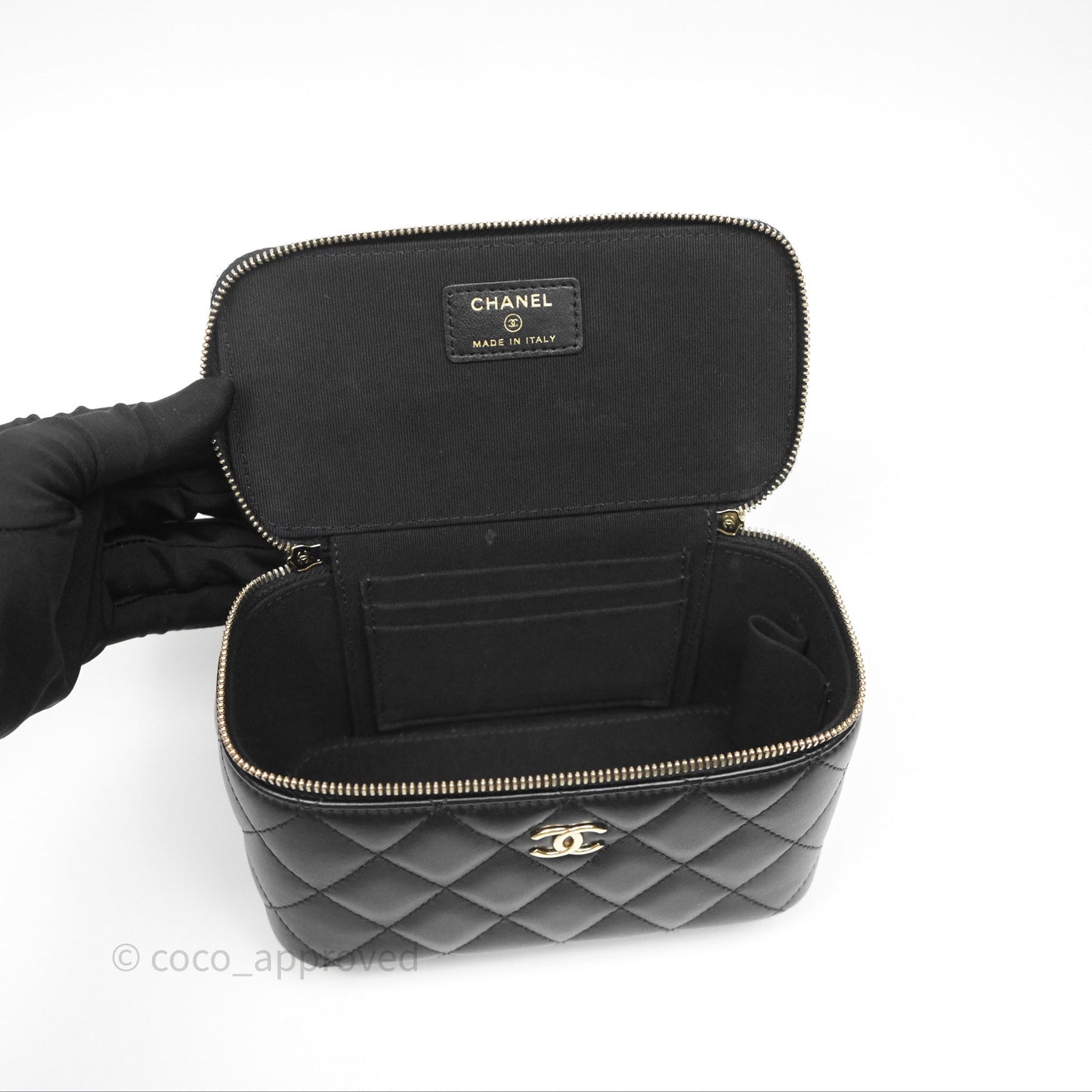 Chanel Classic Vanity Rectangular Top Handle With Chain Black Lambskin Gold Hardware