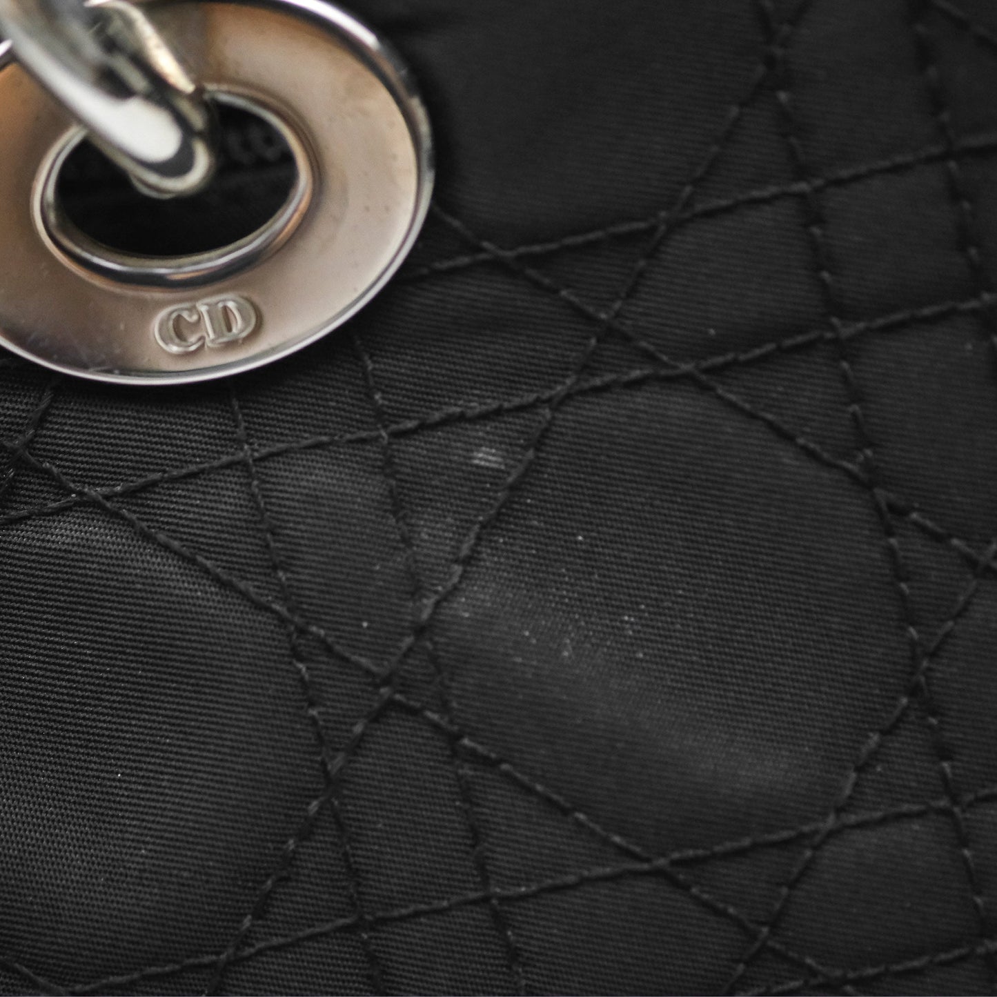 Christian Dior Vintage Large Lady Dior Cannage Fabric Black Silver Hardware