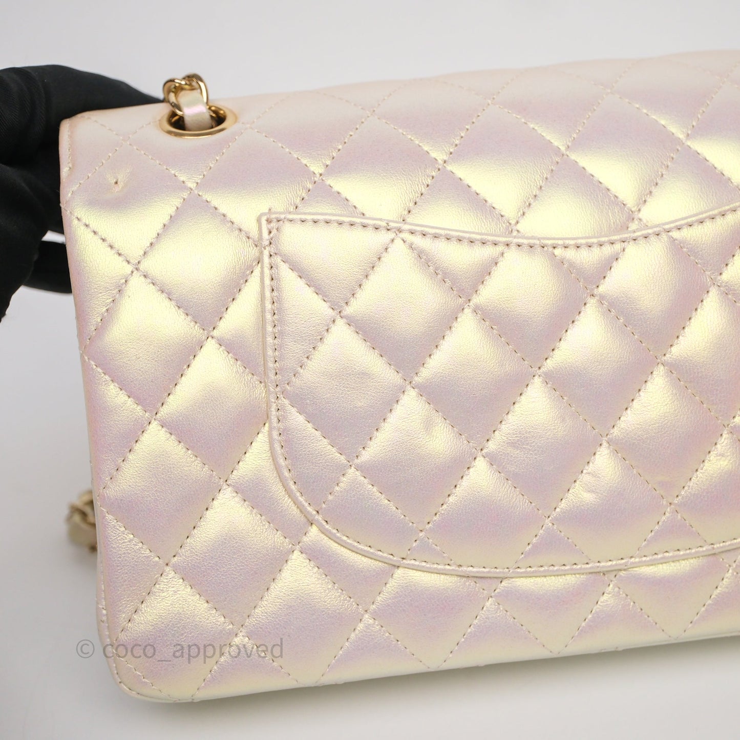 Chanel Classic Medium Double Flap Iridescent Beige Gold Hardware 21S