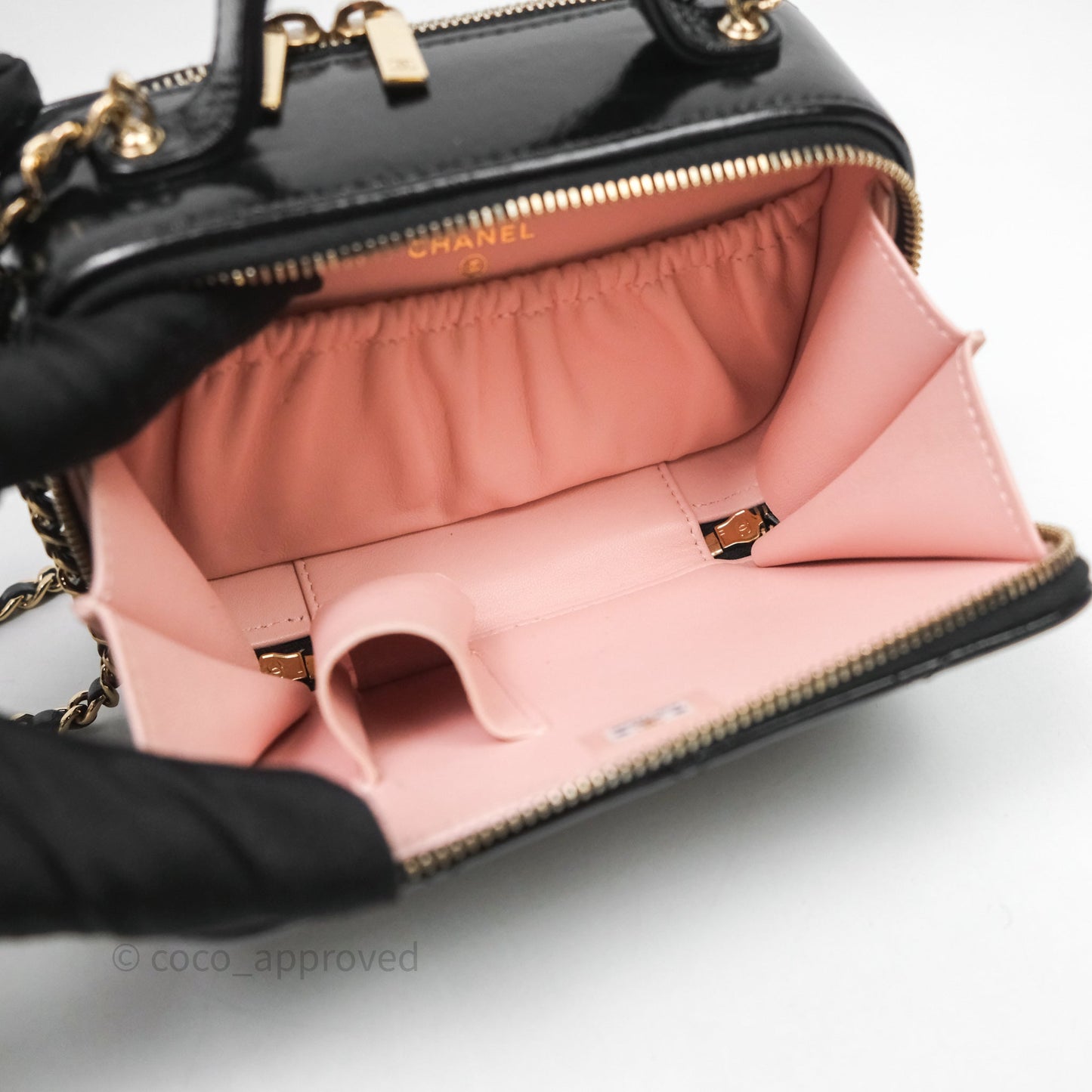 Chanel Small Top Handle Vanity Case Black Shiny Crumpled Calfskin Gold Hardware