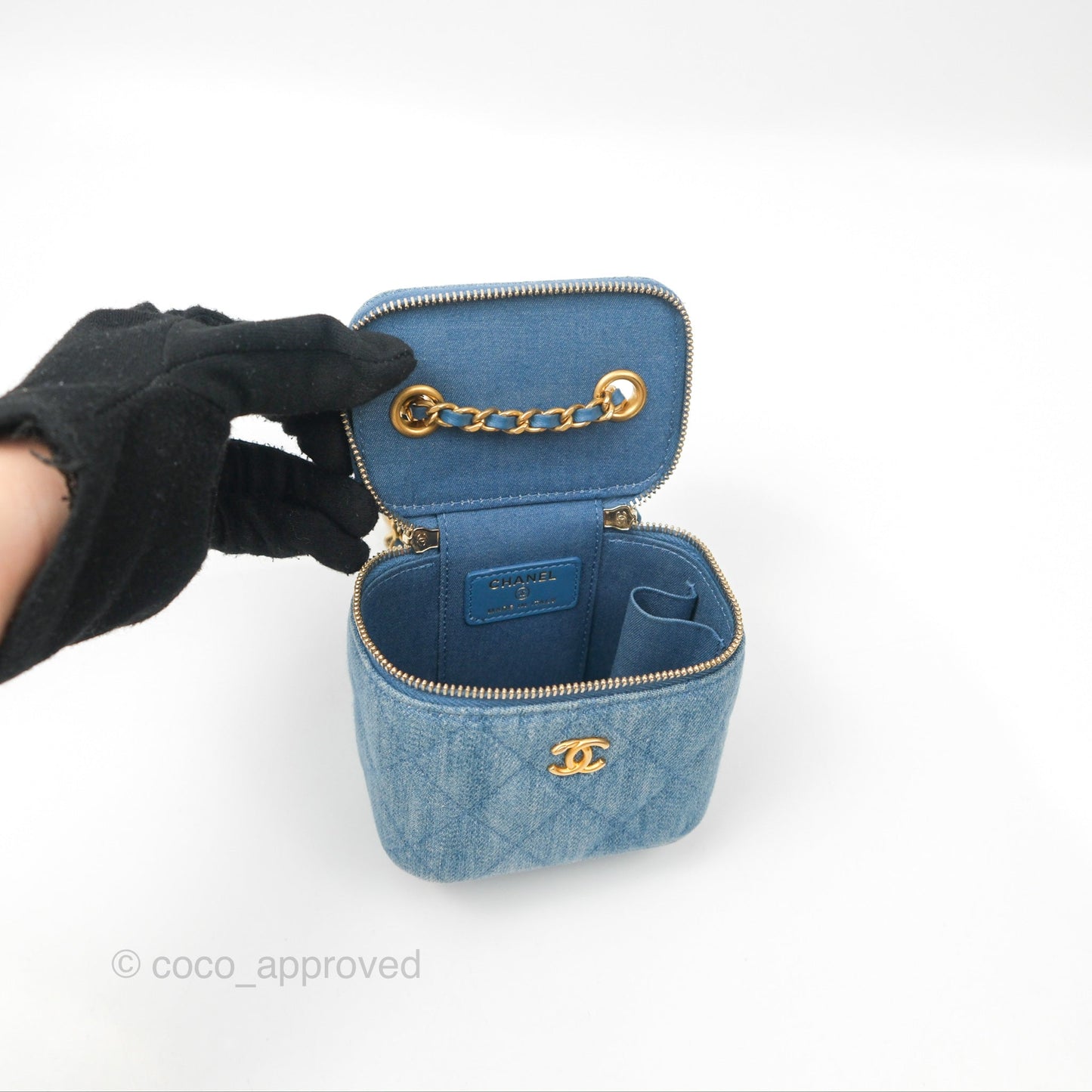 Chanel Mini Pearl Crush Vanity With Chain Denim Aged Gold Hardware