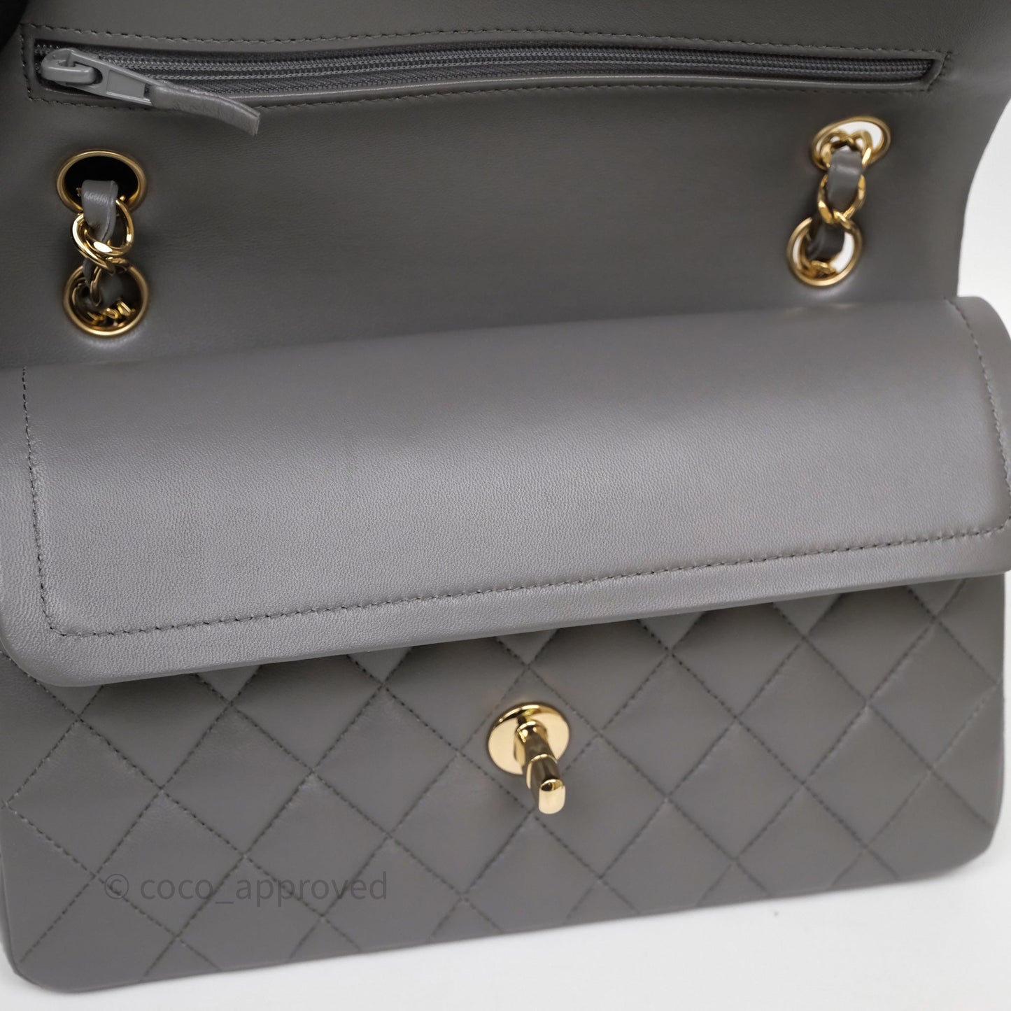 Chanel Small Quilted Classic Flap Grey Lambskin Light Gold Hardware