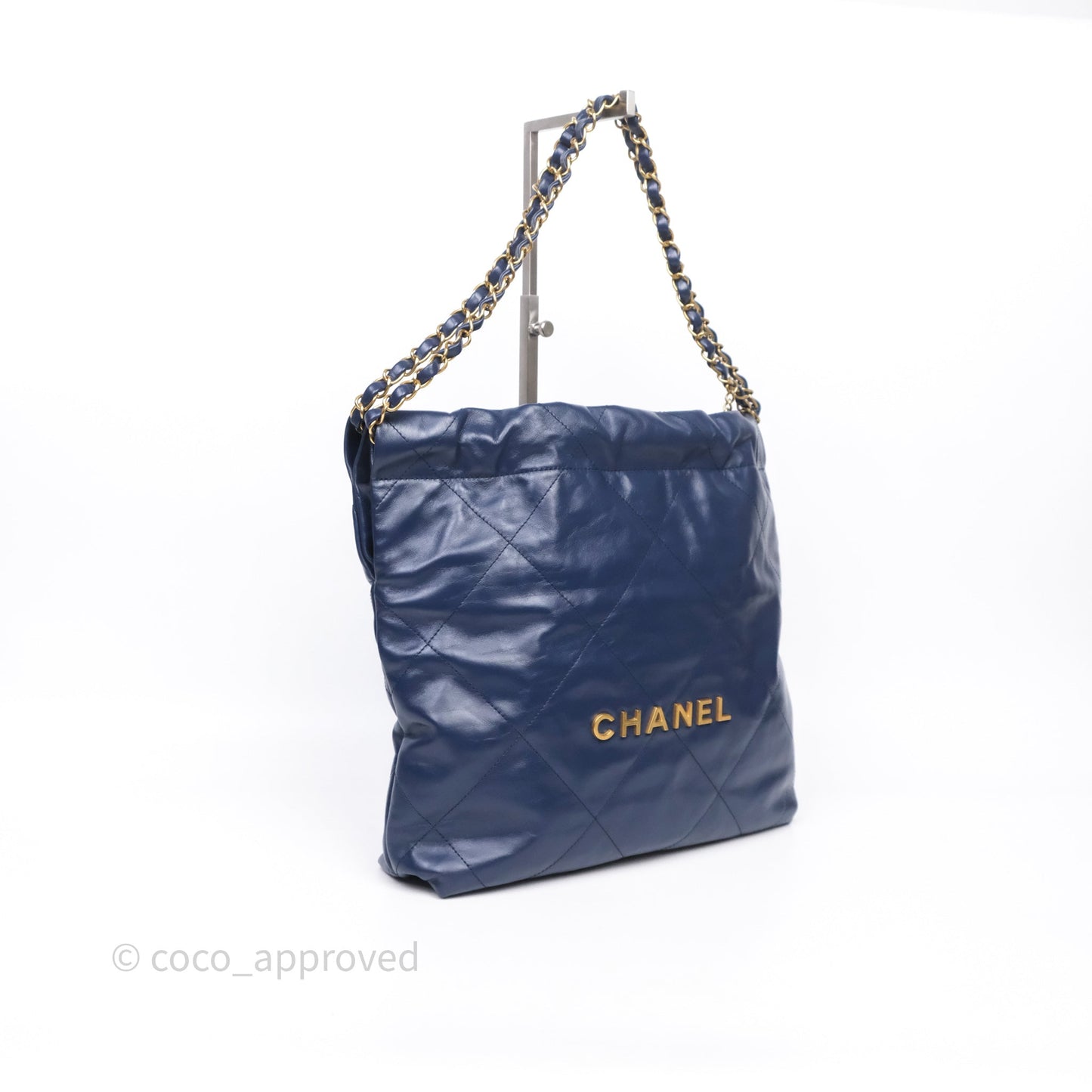 Chanel 22 Small Blue Shiny Calfskin Aged Gold Hardware