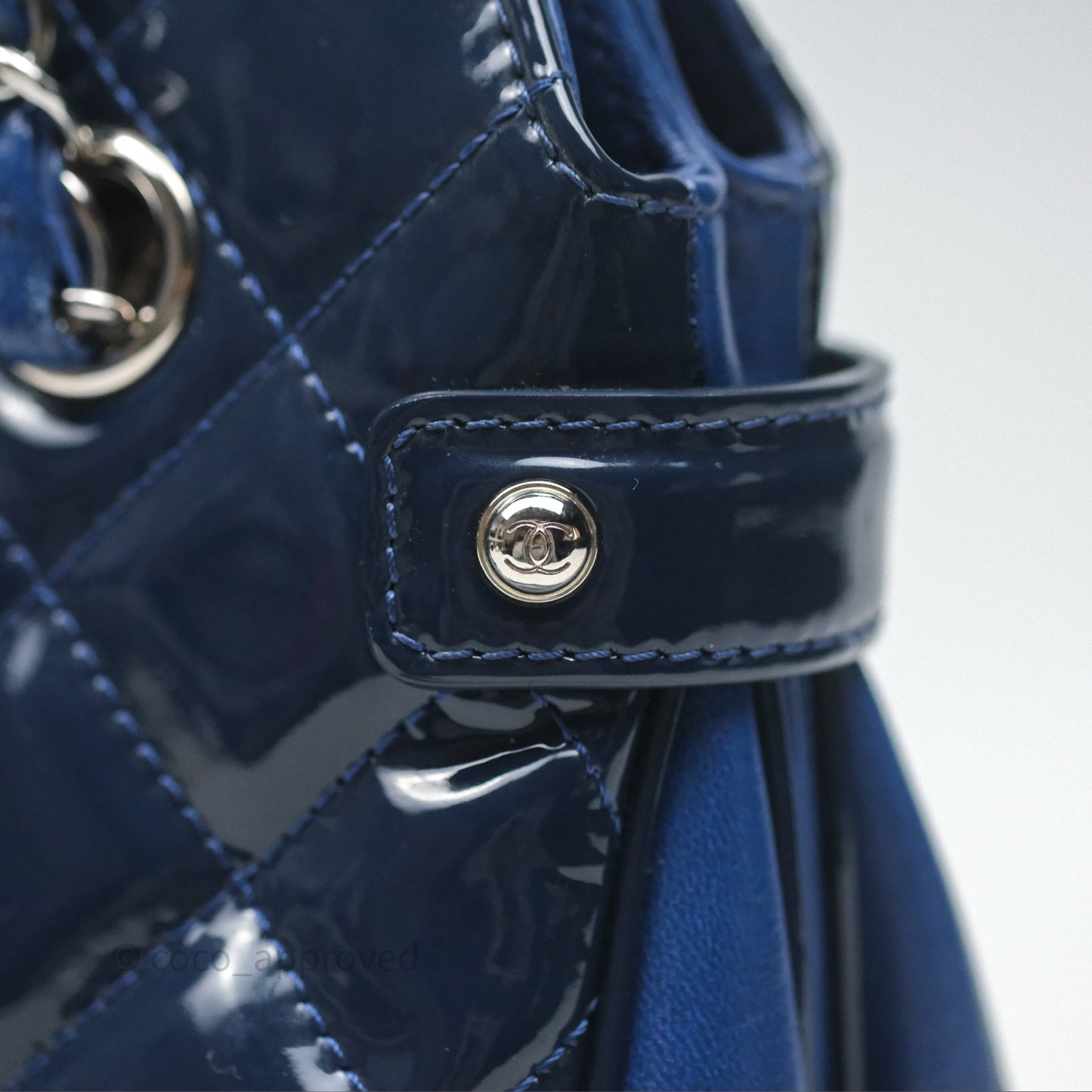 Chanel Quilted Bowling Tote Royal Blue Patent Silver Hardware