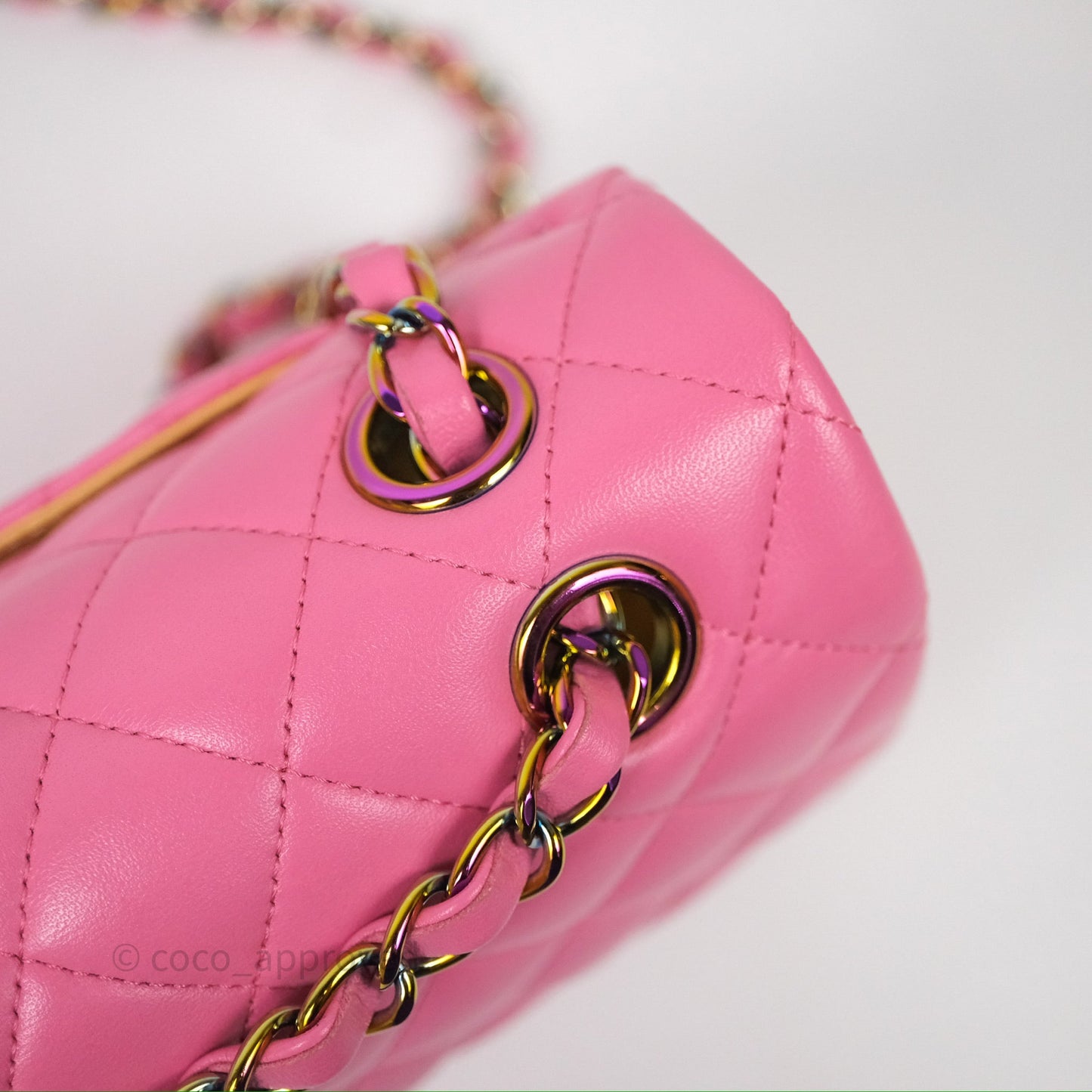 Chanel Small Classic Flap Quilted Pink Lambskin Rainbow Hardware