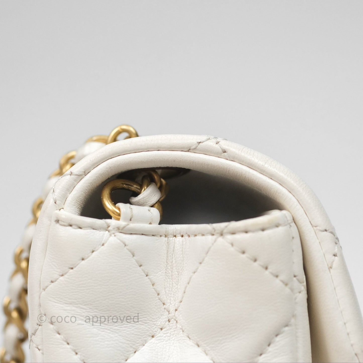 Chanel Mini Rectangular Pearl Crush Quilted White Lambskin Aged Gold Hardware