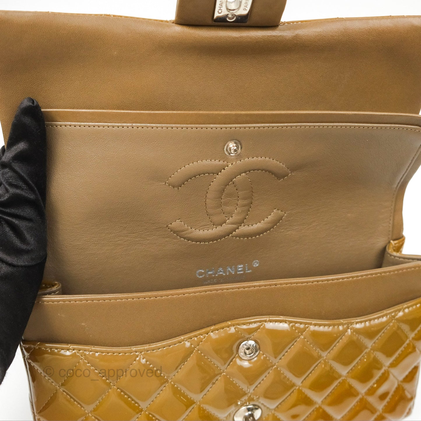 Chanel Classic M/L Medium Flap Quilted Brown Patent Silver Hardware