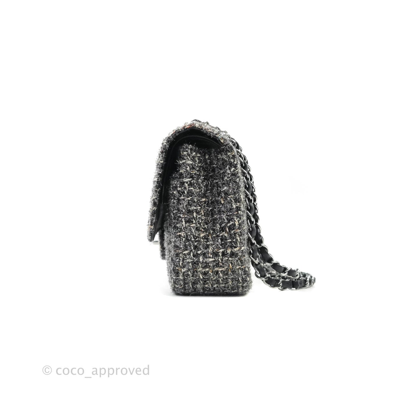 Chanel Classic M/L Medium Double Flap Black Tweed Gun Metal