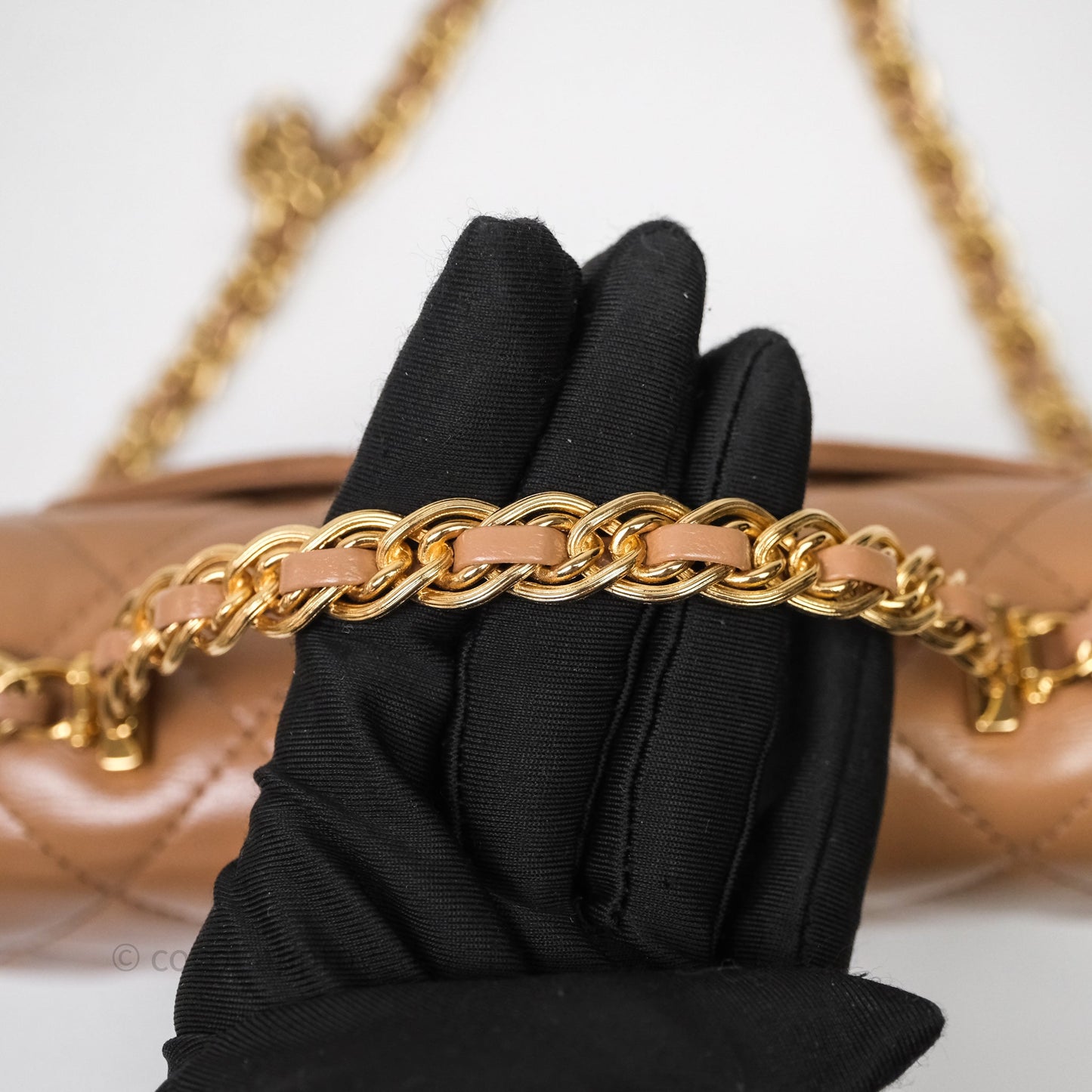 Chanel Top Handle Flap Bag Beige Lambskin Gold Hardware