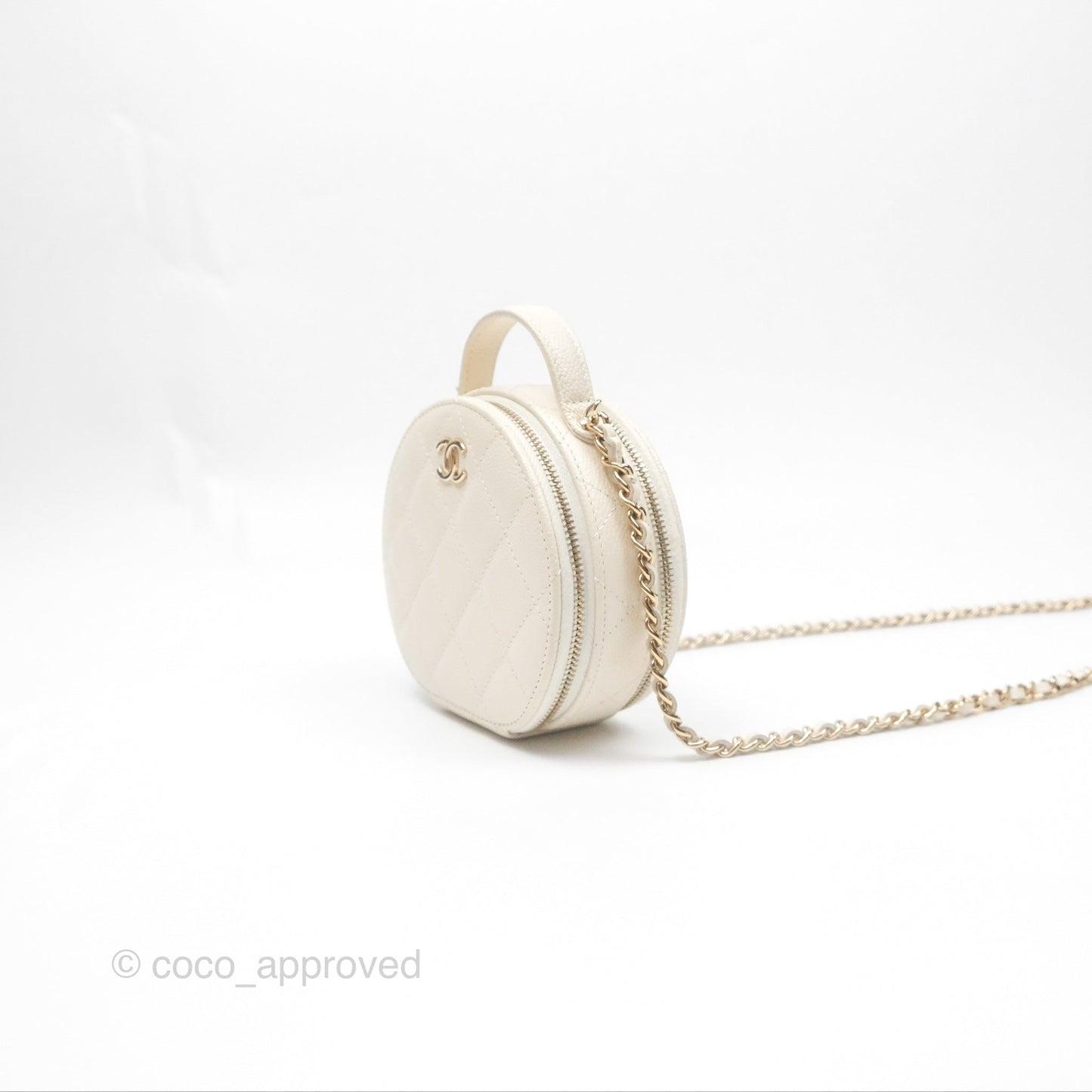Chanel Mini Round Vanity Bag Handle With Care Ivory Caviar