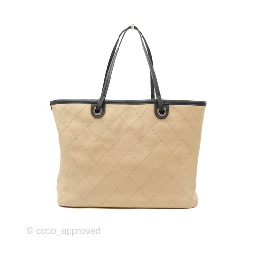 Chanel Large Fever Shopping Tote Quilted Beige Black Caviar