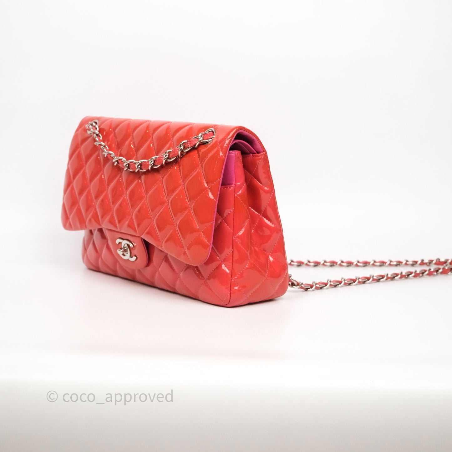 Chanel Jumbo Double Flap Red Orange Patent Silver Hardware⁣⁣